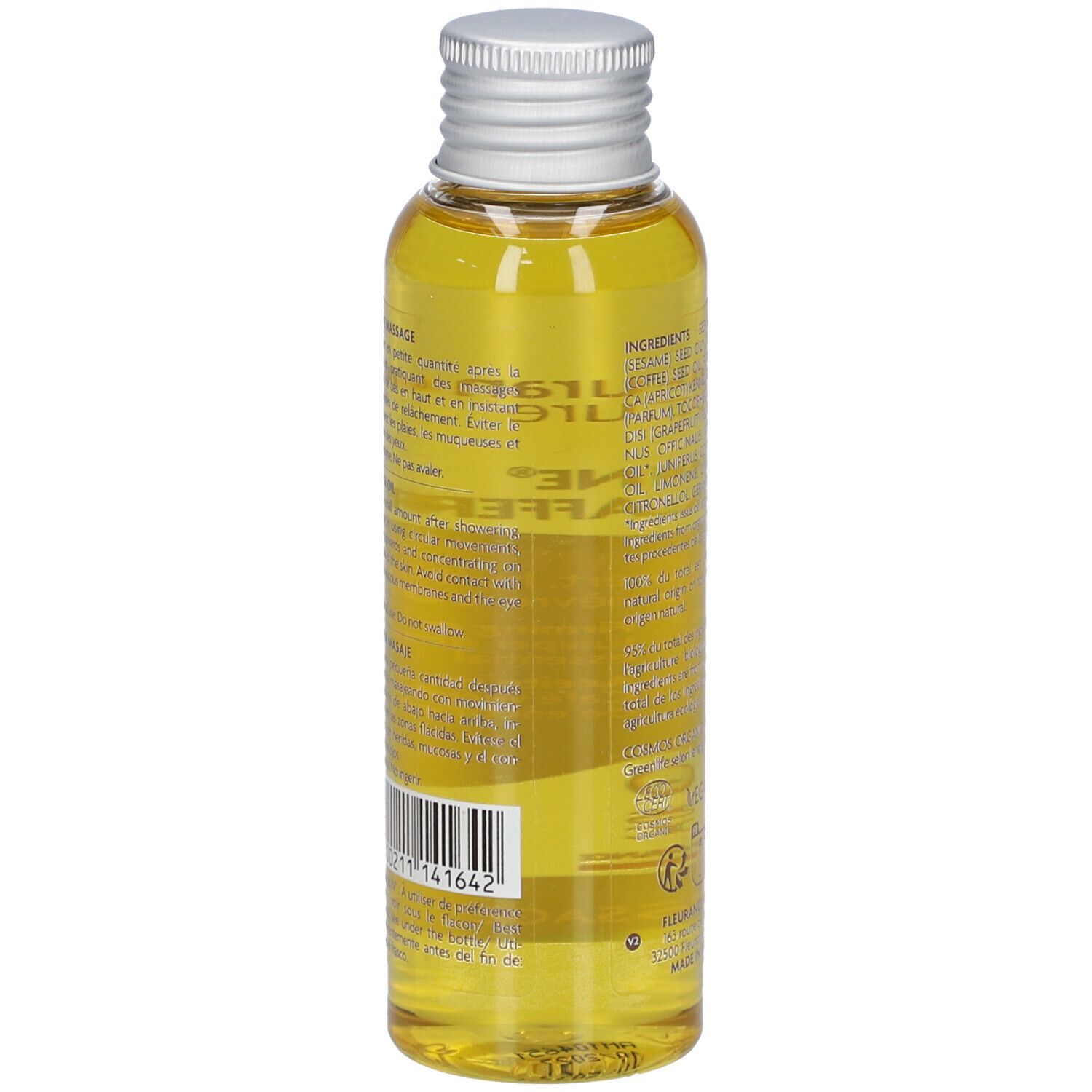 Vue arrière de la bouteille d'huile. Texte multilingue. Code-barres et autres marquages.