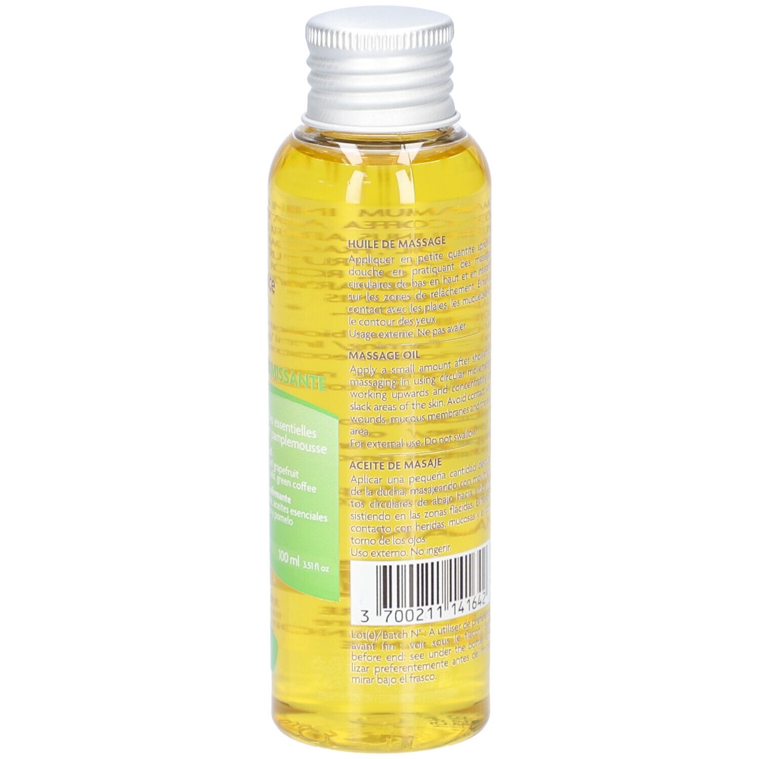 Dos de la bouteille d'huile. Texte multilingue. Code-barres et autres marquages.