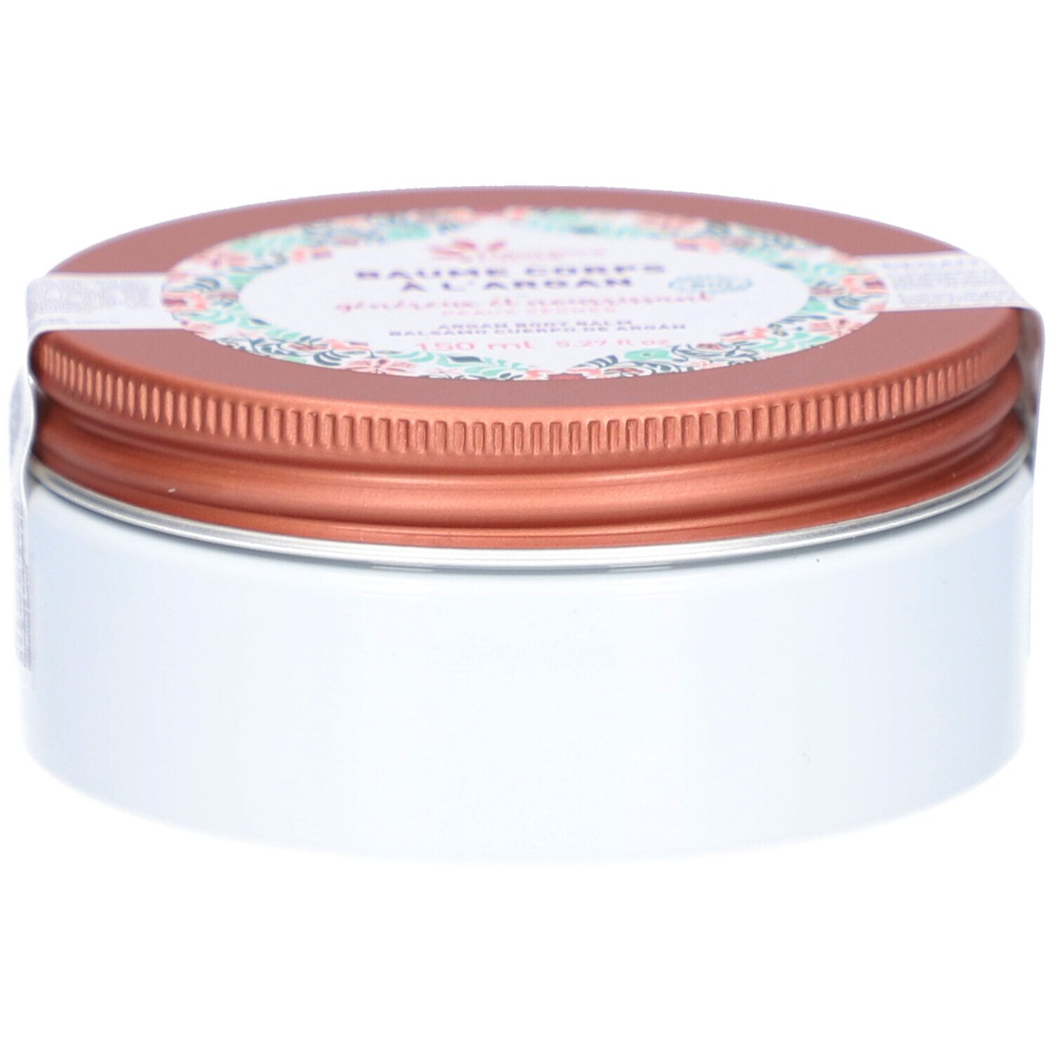 Boîte ronde avec couvercle marron et corps blanc. Une étiquette avec motif floral et texte est présente sur le couvercle.