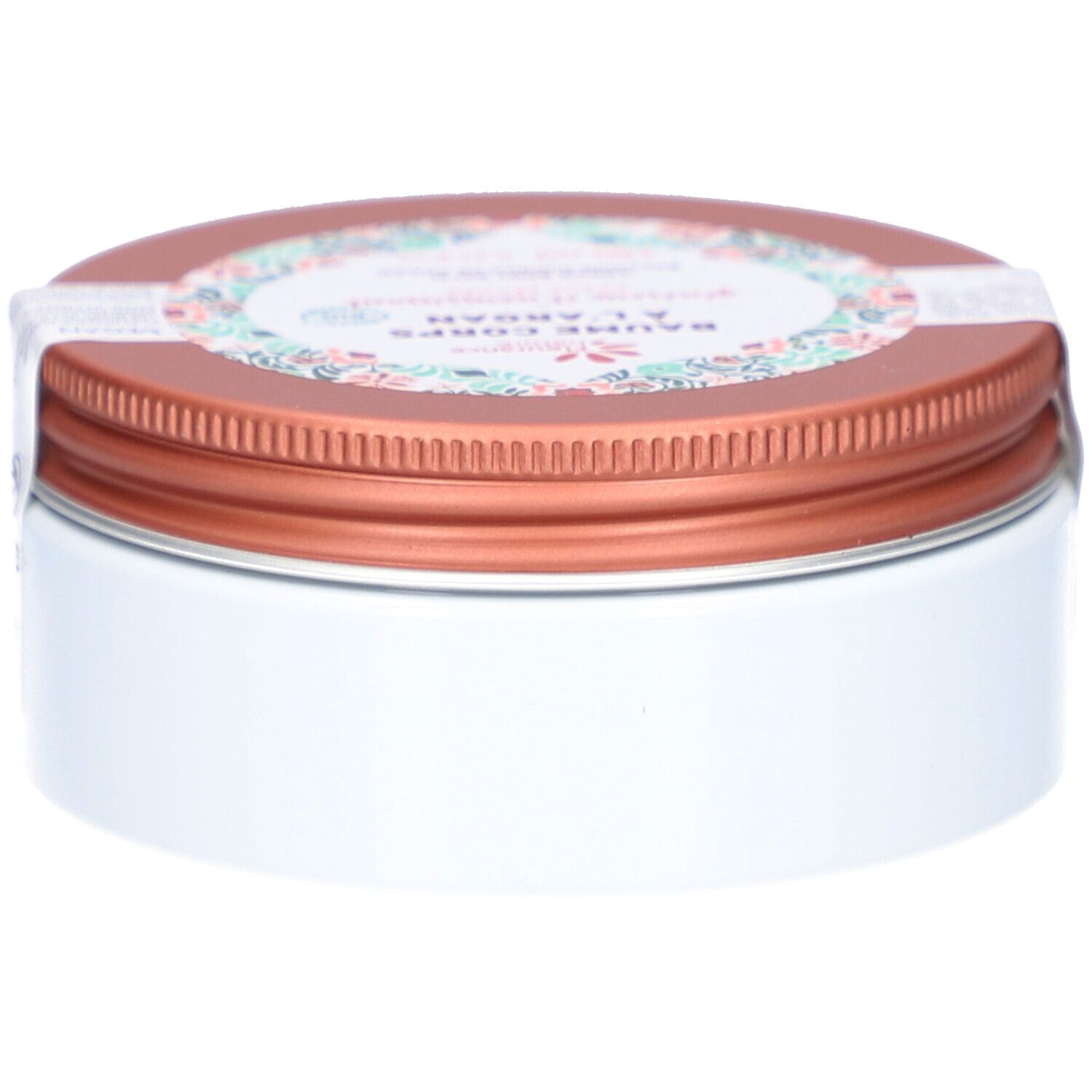 Boîte ronde avec couvercle marron et corps blanc. Une étiquette avec motif floral et texte est présente sur le couvercle.