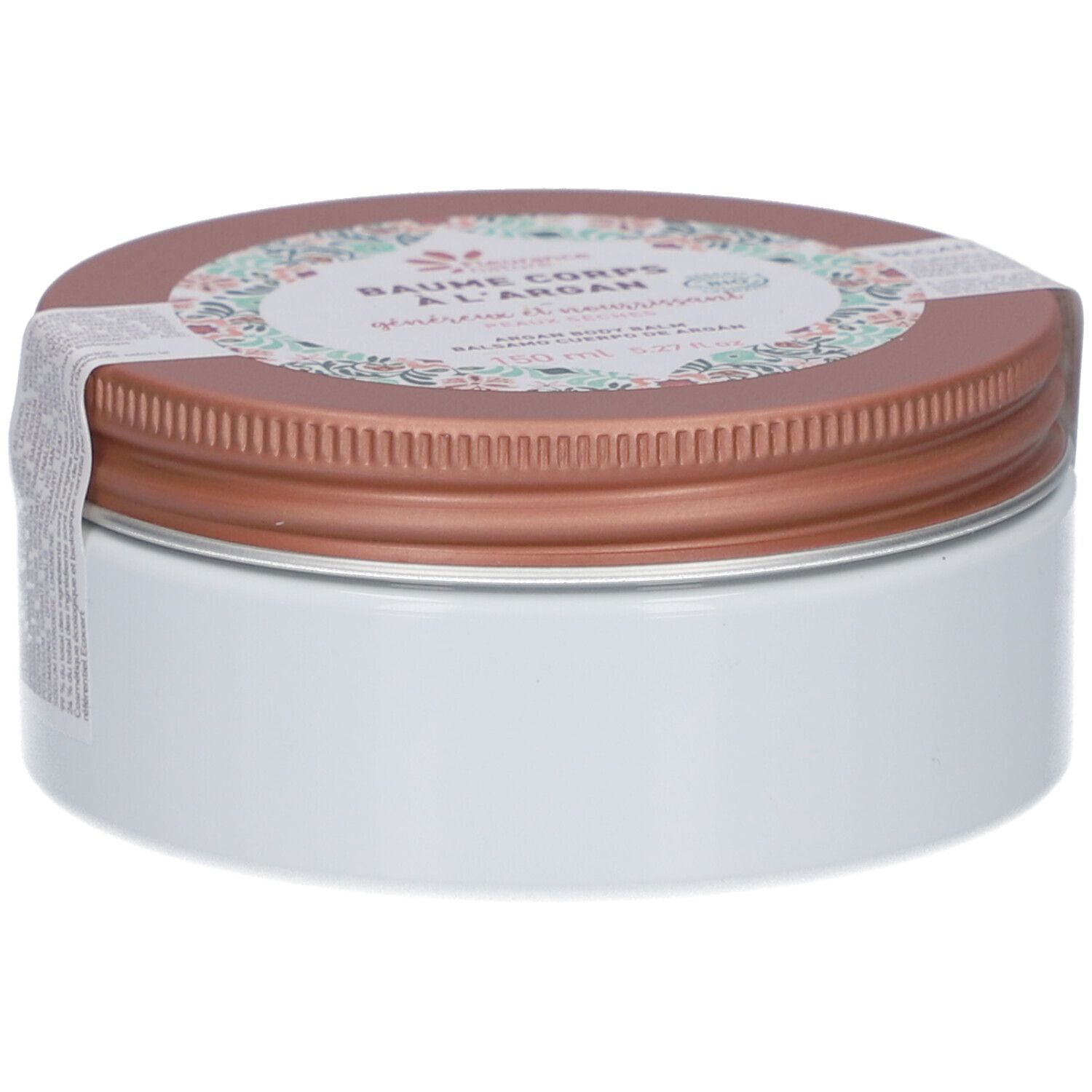 Boîte ronde avec couvercle marron et corps blanc. Une étiquette avec motif floral et texte est présente sur le couvercle.