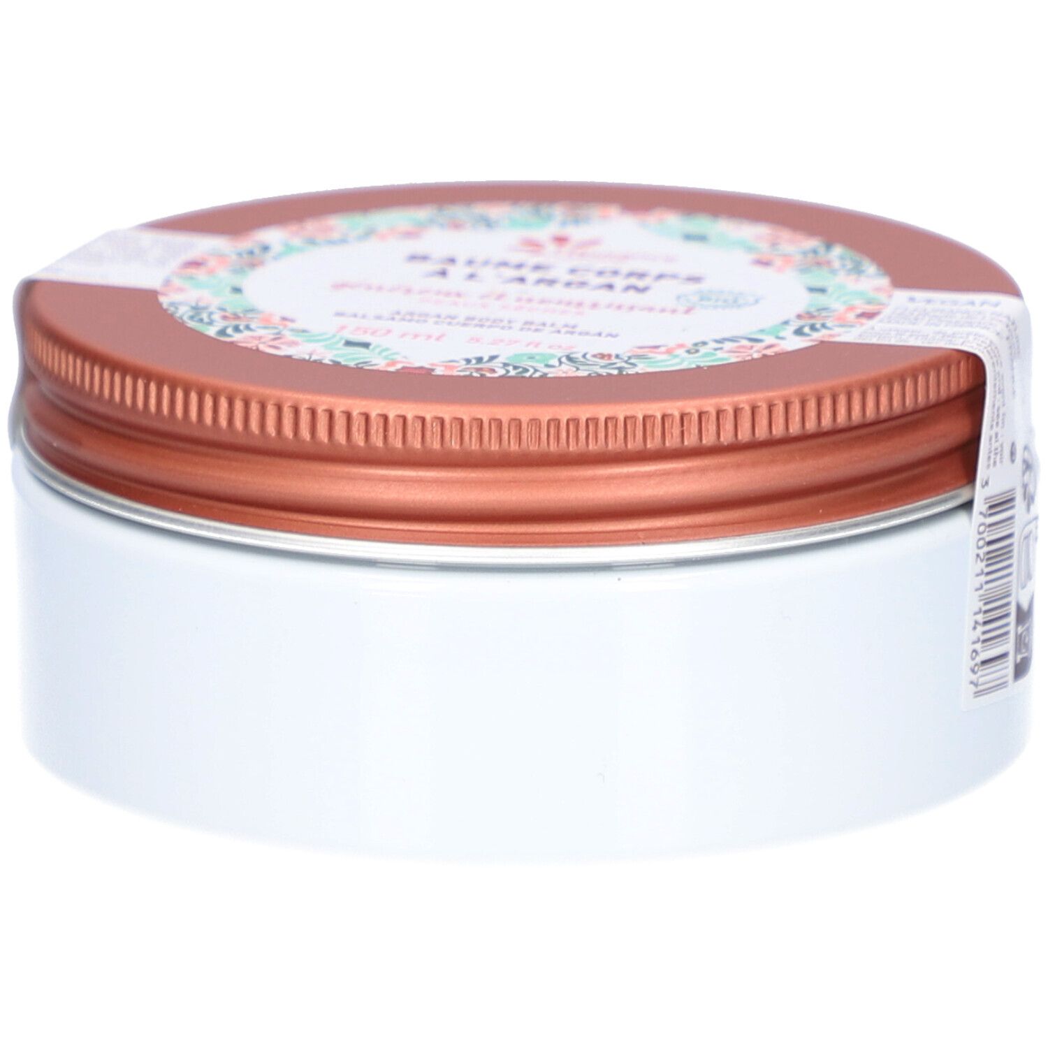 Boîte ronde avec couvercle marron et corps blanc. Une étiquette avec motif floral et texte est présente sur le couvercle.