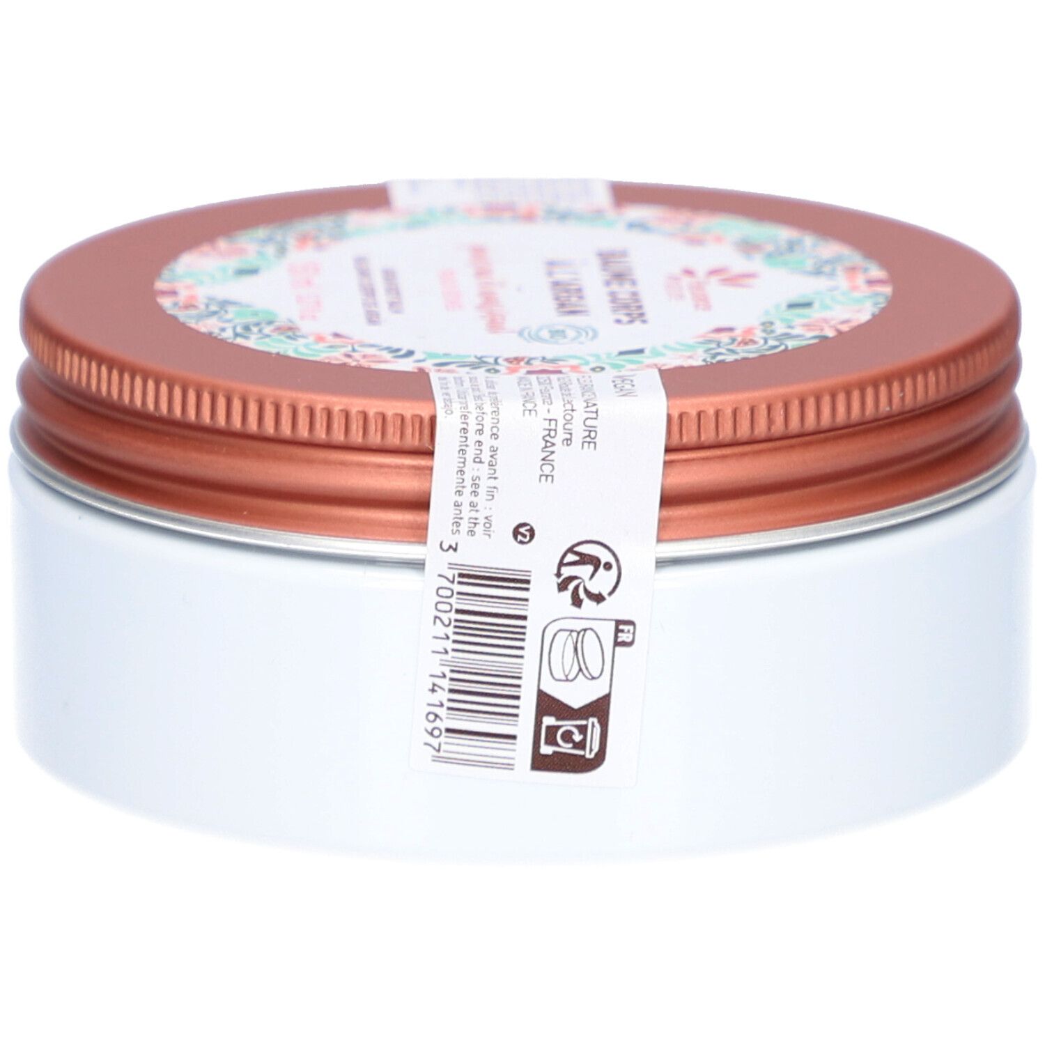 Boîte ronde avec couvercle marron et corps blanc. Une étiquette avec motif floral et texte est présente. Une étiquette avec code-barres et symboles est visible.