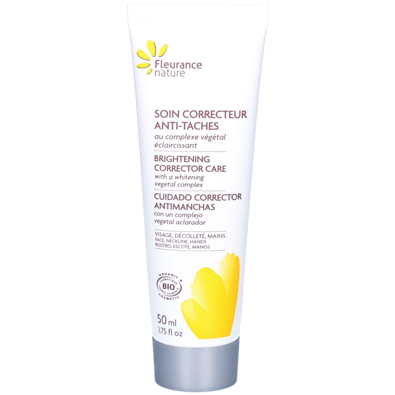 Tube de crème blanc avec texte. Inscription: SOIN CORRECTEUR ANTI-TACHES. Label bio et fleur jaune.