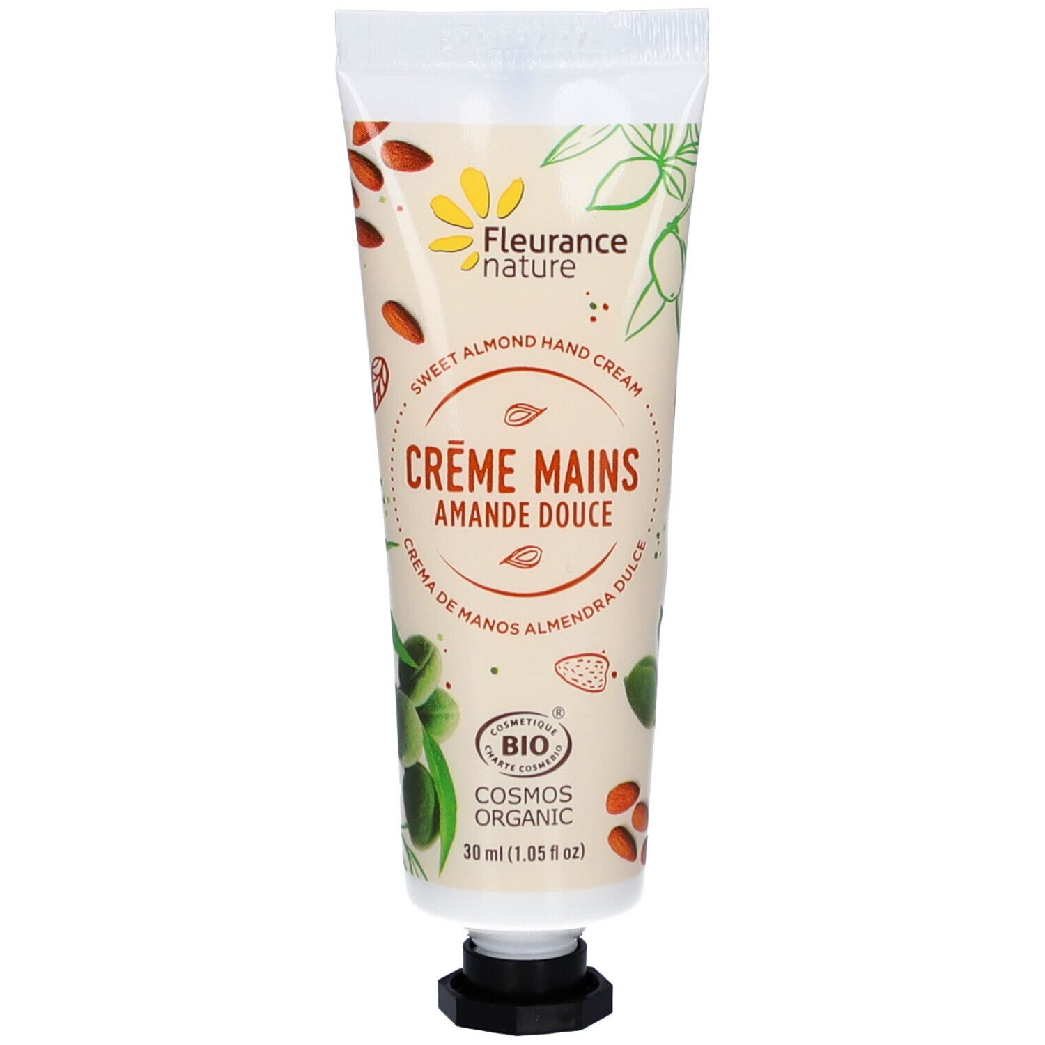 Tube de crème "Crème Mains Amande Douce". Certifié bio. Illustrations d'amandes et de feuilles.