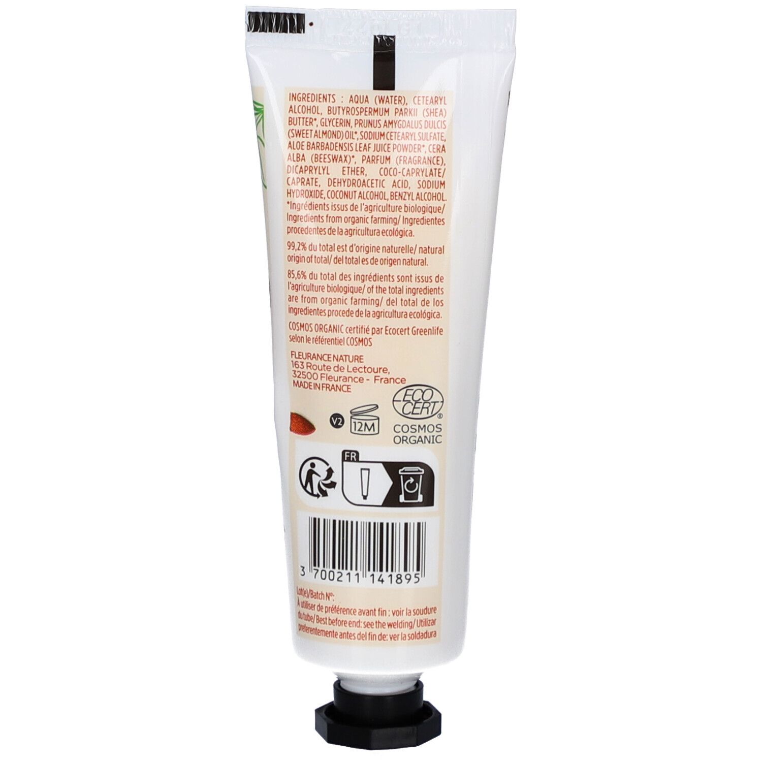 Dos du tube de crème. Liste des ingrédients et certification bio. Code-barres et symboles de recyclage.