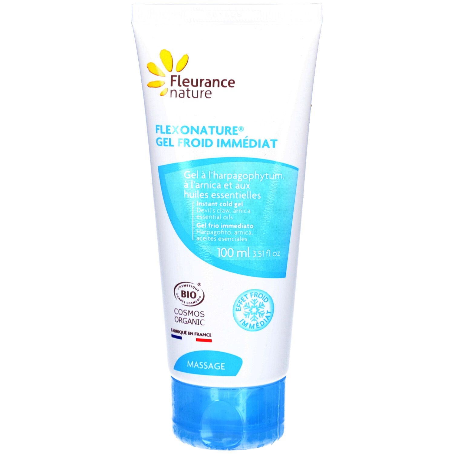 Tube blanc, bouchon bleu. Inscription: FLEXONATURE GEL FROID IMMÉDIAT. Logo: fleur jaune. Certification bio.