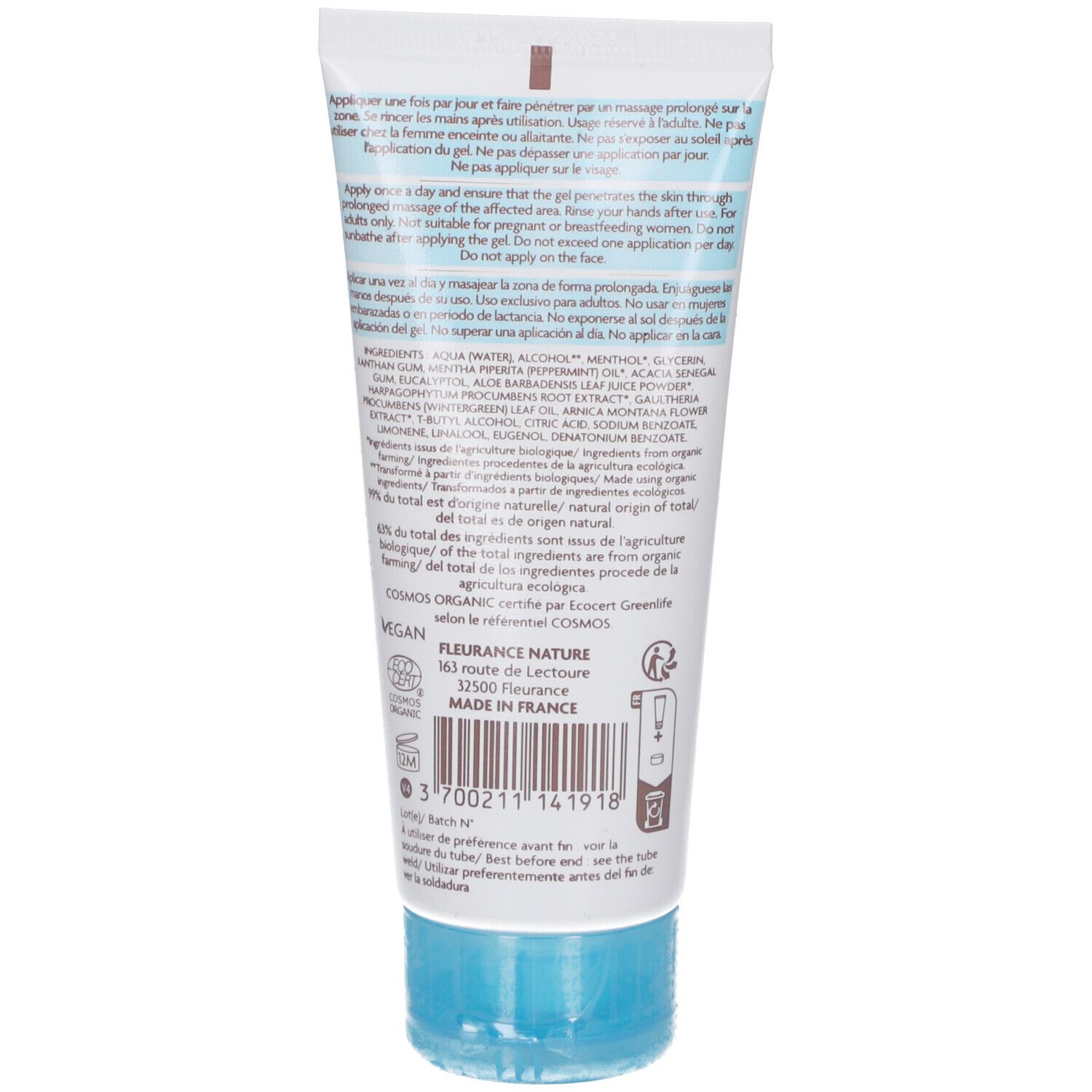 Dos du tube. Texte multilingue. Ingrédients, mode d'emploi. Certification bio.