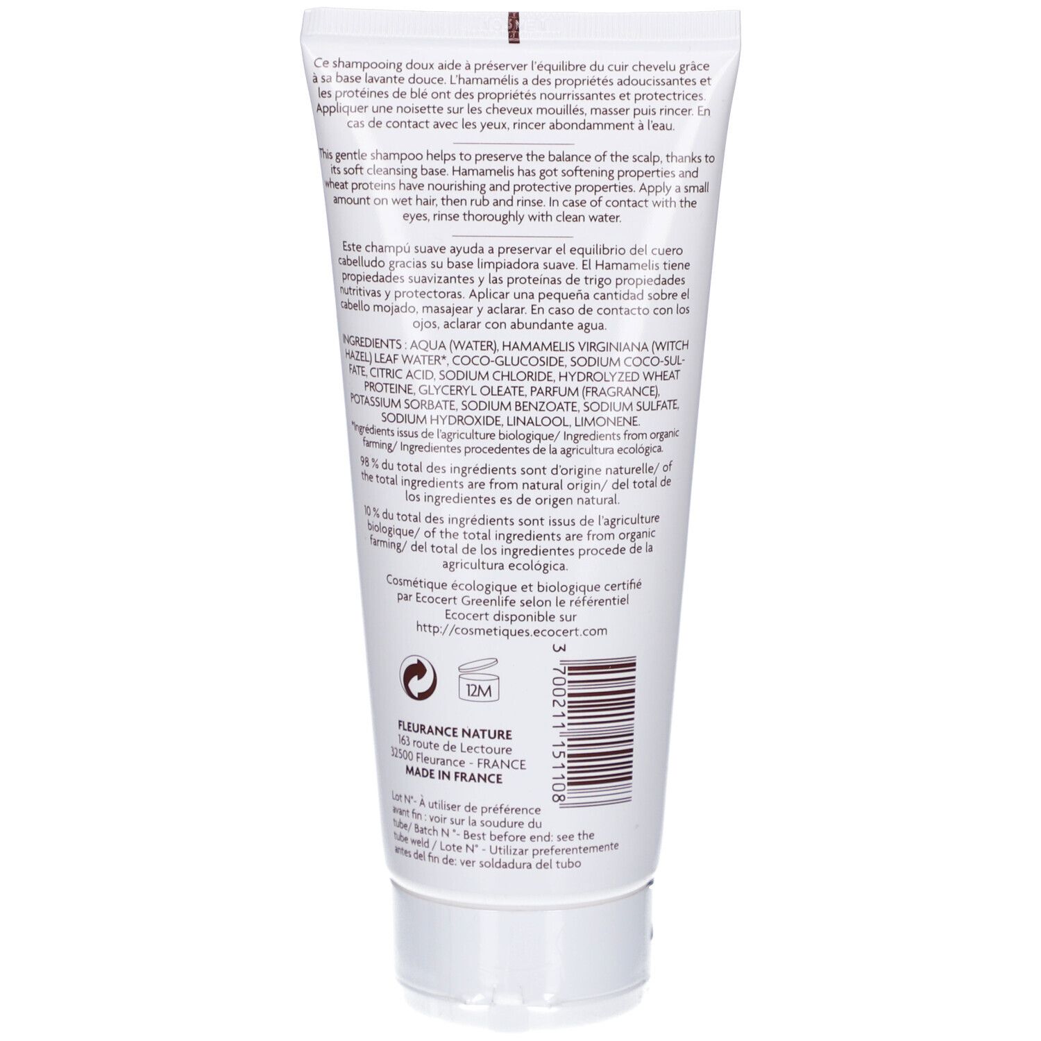 Dos du tube de shampooing. Texte avec ingrédients et mode d'emploi. Certification bio et informations fabricant.