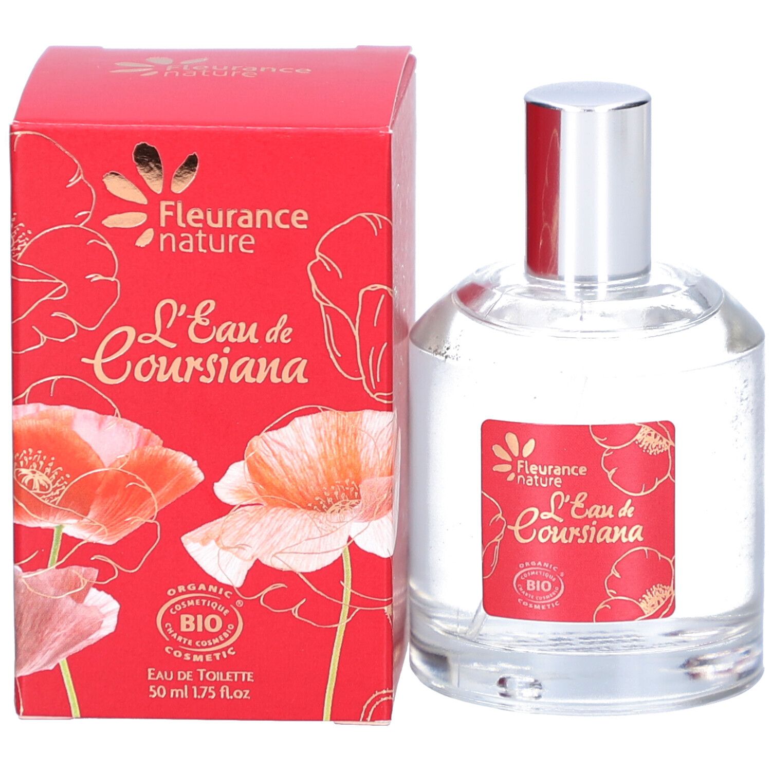 Flacon en verre et boîte rouge. Inscription : L'Eau de Coursiana. Certification bio. Illustration de coquelicots.