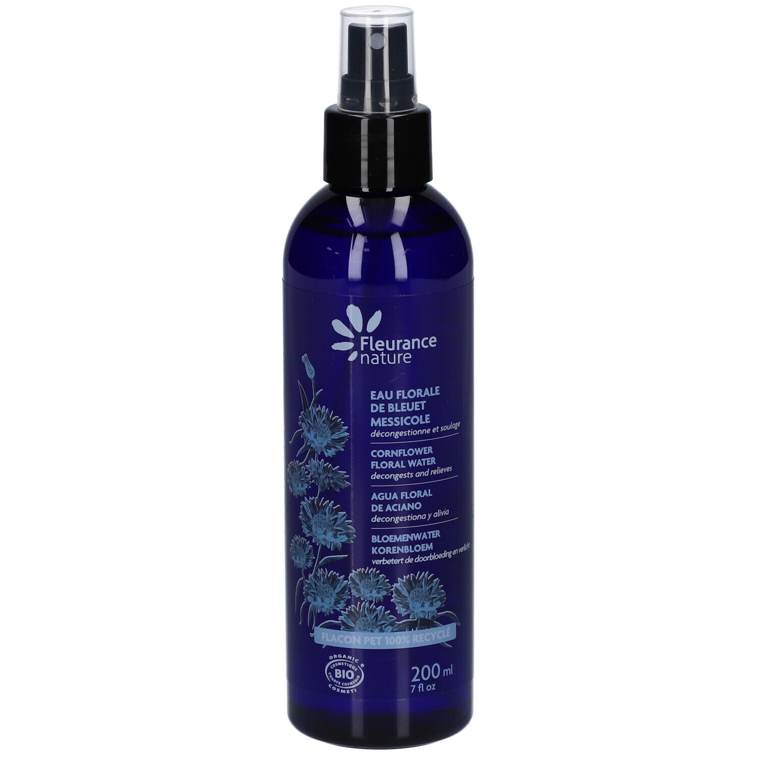 Flacon bleu avec vaporisateur. Inscription: Eau Florale de Bleuet, Cornflower Floral Water. Certification Bio.