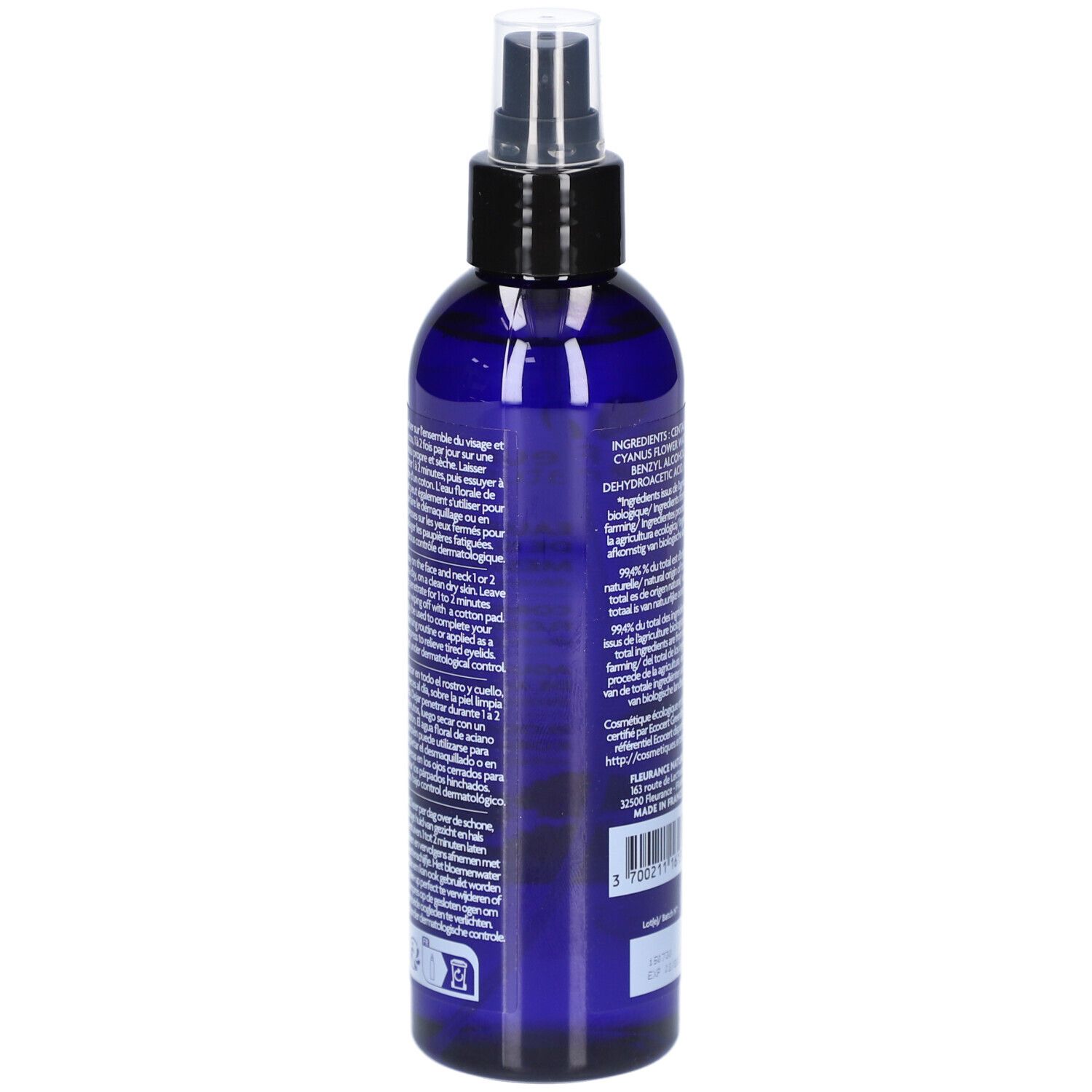 Dos du flacon bleu. Texte avec instructions et ingrédients. Sceau de certification Bio.