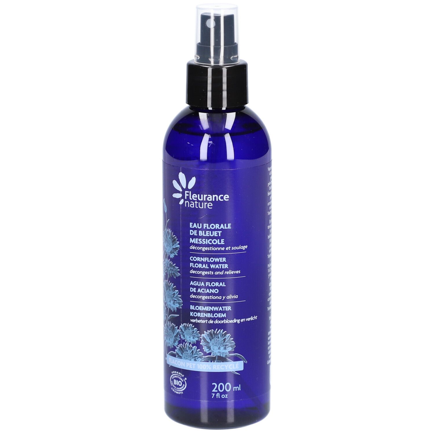 Flacon bleu avec vaporisateur. Inscription: Eau Florale de Bleuet, Cornflower Floral Water. Certification Bio.