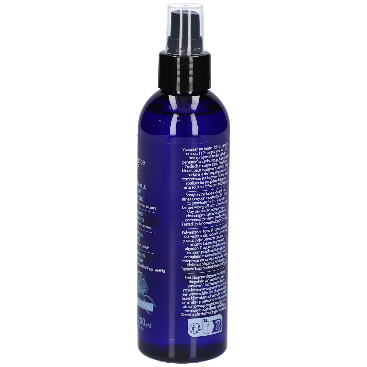 Dos du flacon bleu. Texte avec instructions et ingrédients. Sceau de certification Bio.