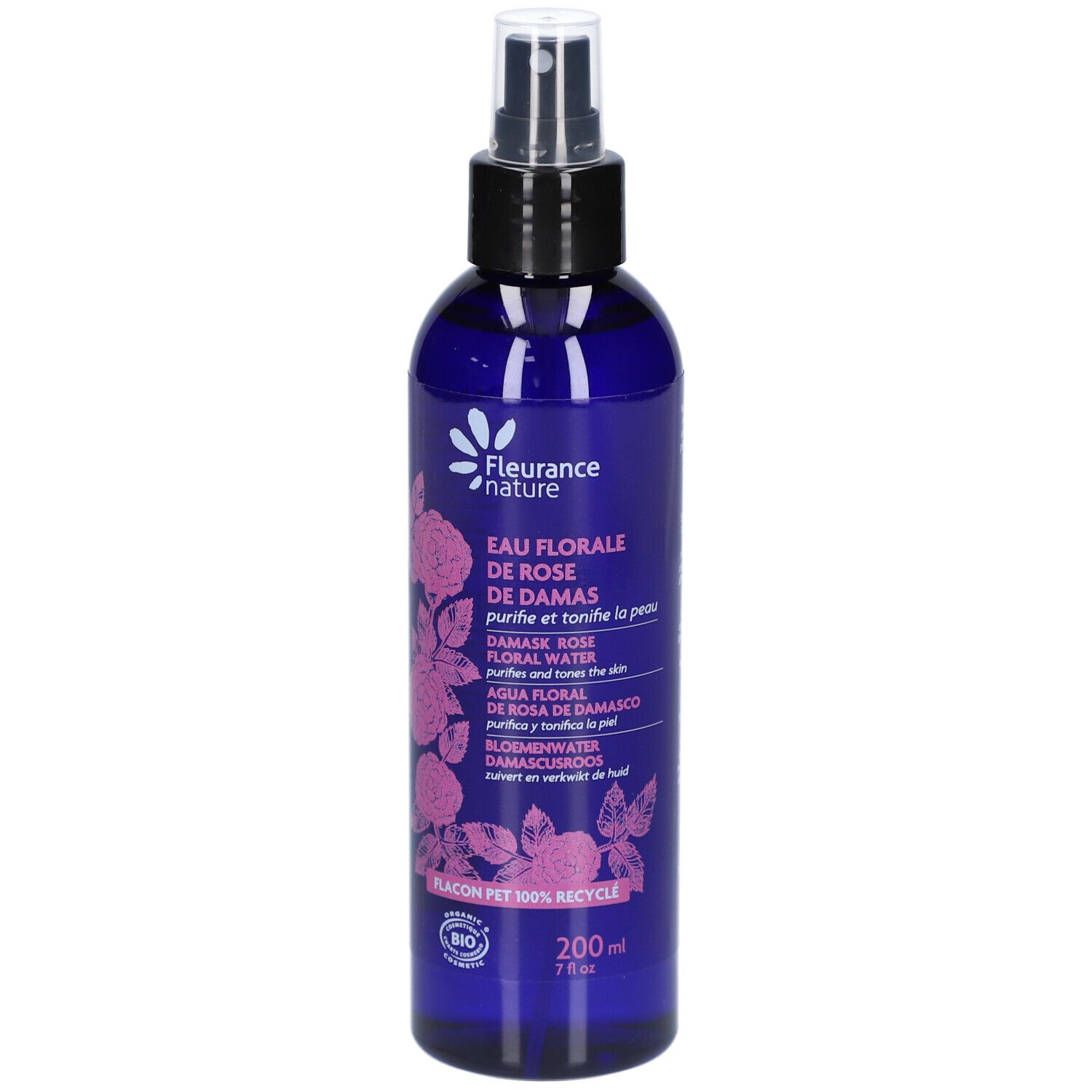 Flacon bleu avec vaporisateur. Inscription: EAU FLORALE DE ROSE. Logo: Fleurance nature. 200ml.