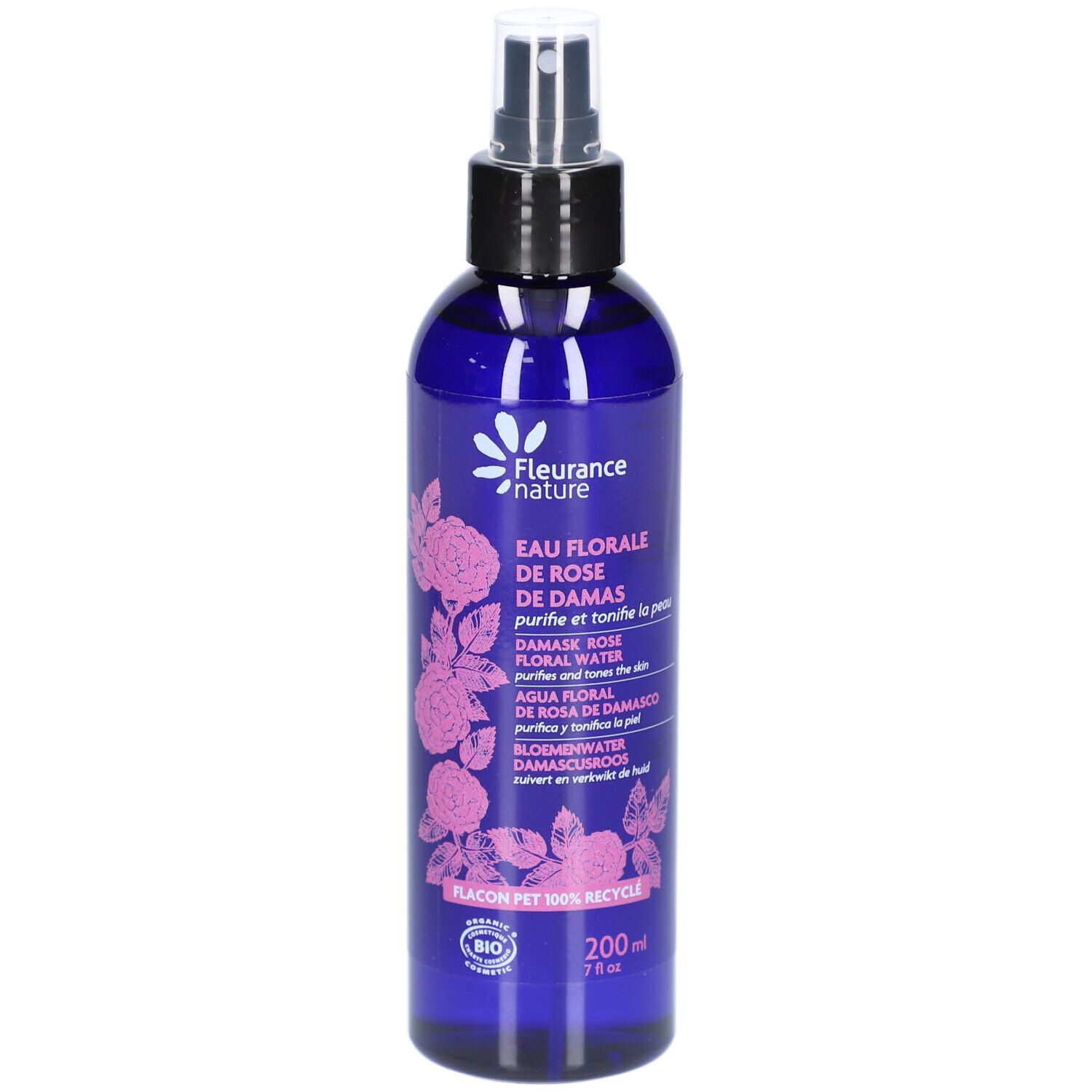 Flacon bleu avec vaporisateur. Inscription: EAU FLORALE DE ROSE. Logo: Fleurance nature. 200ml.