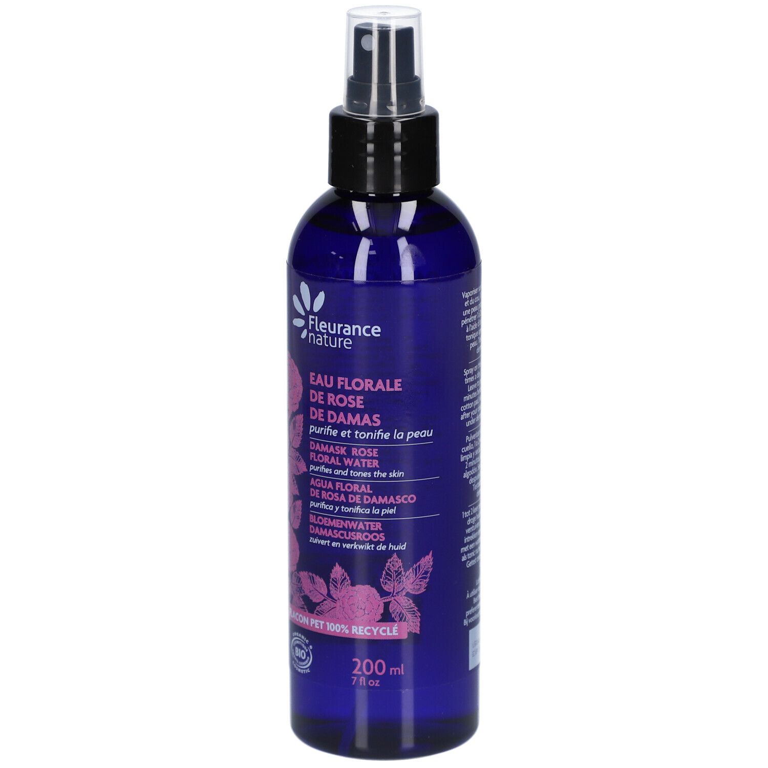 Flacon bleu avec vaporisateur. Inscription: EAU FLORALE DE ROSE. Logo: Fleurance nature. 200ml.