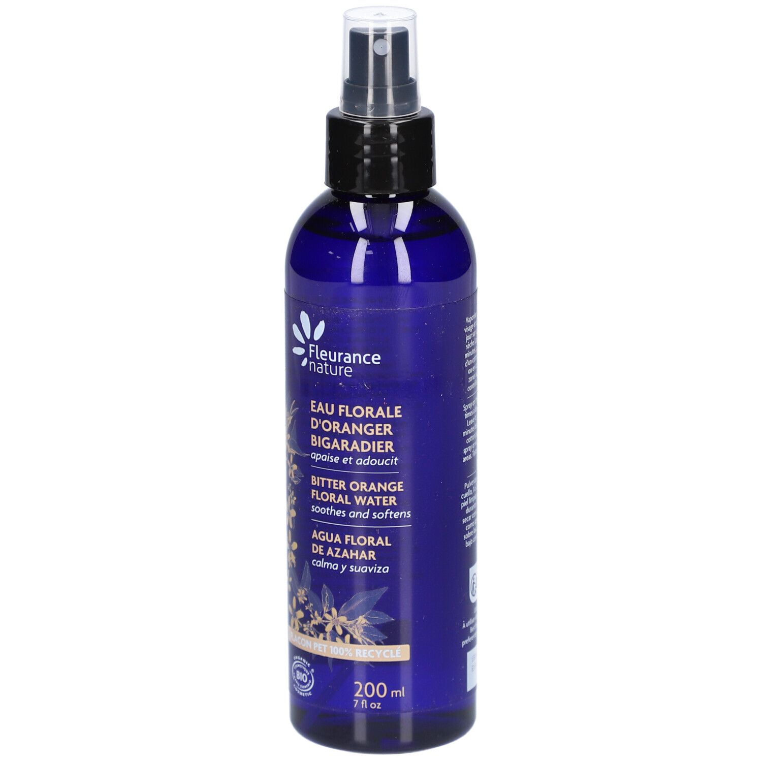 Flacon pulvérisateur bleu avec bouchon noir. Inscription: FLEURANCE nature, EAU FLORALE D'ORANGER, 200ml.