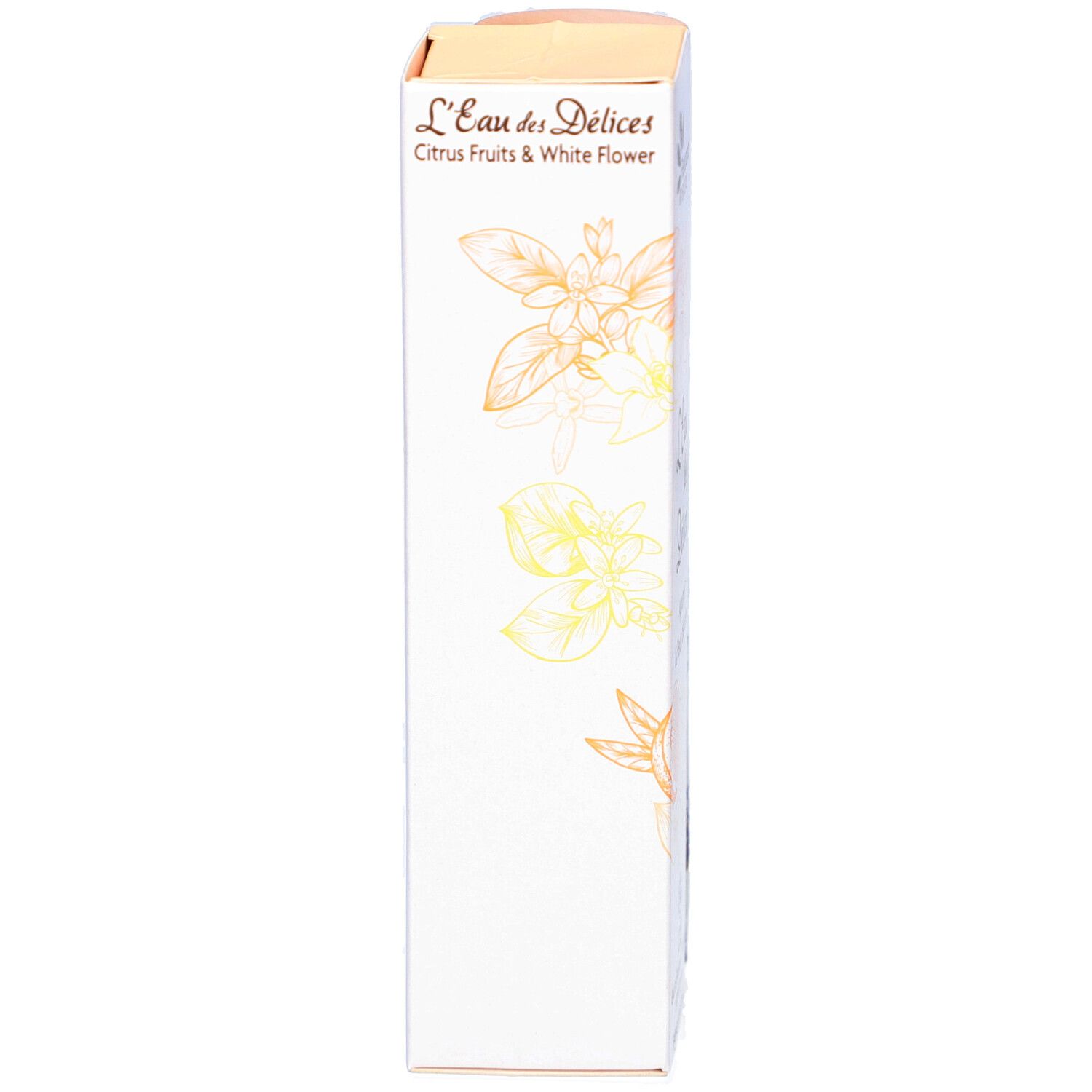 Boîte avec illustrations florales. Inscription : L'Eau des Délices, Citrus Fruits & White Flower.
