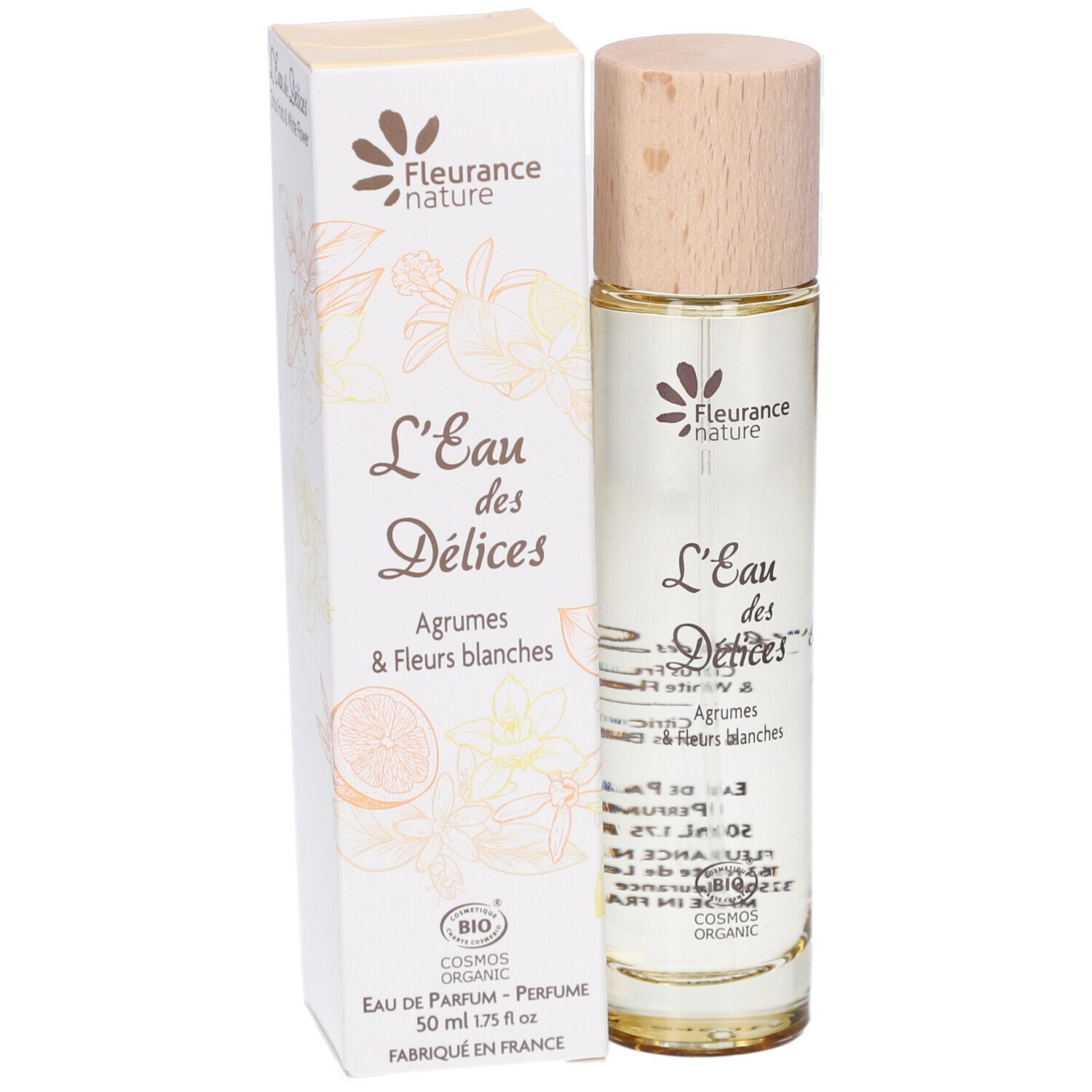 Flacon de parfum et boîte. Inscription : L'Eau des Délices, Agrumes & Fleurs blanches. Certification bio.