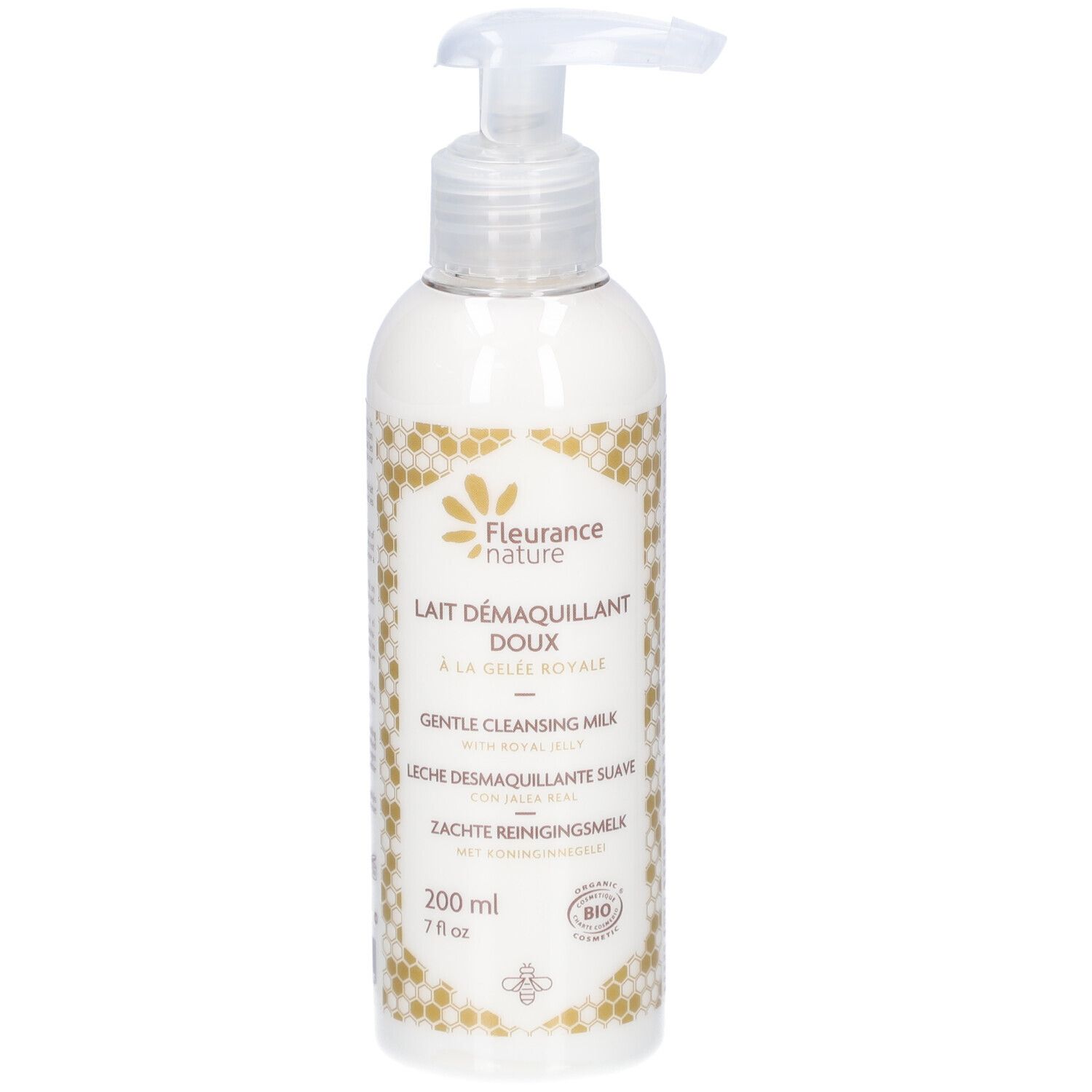 Flacon blanc avec pompe. Inscription: Lait Demaquillant Doux, 200 ml. Label bio.