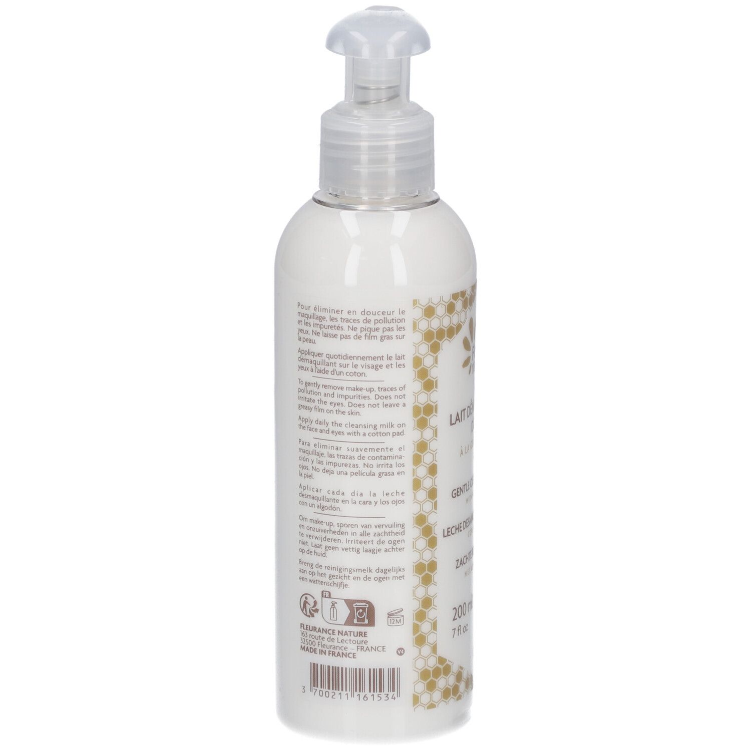 Dos du flacon. Texte multilingue. Certification bio. Code-barres.