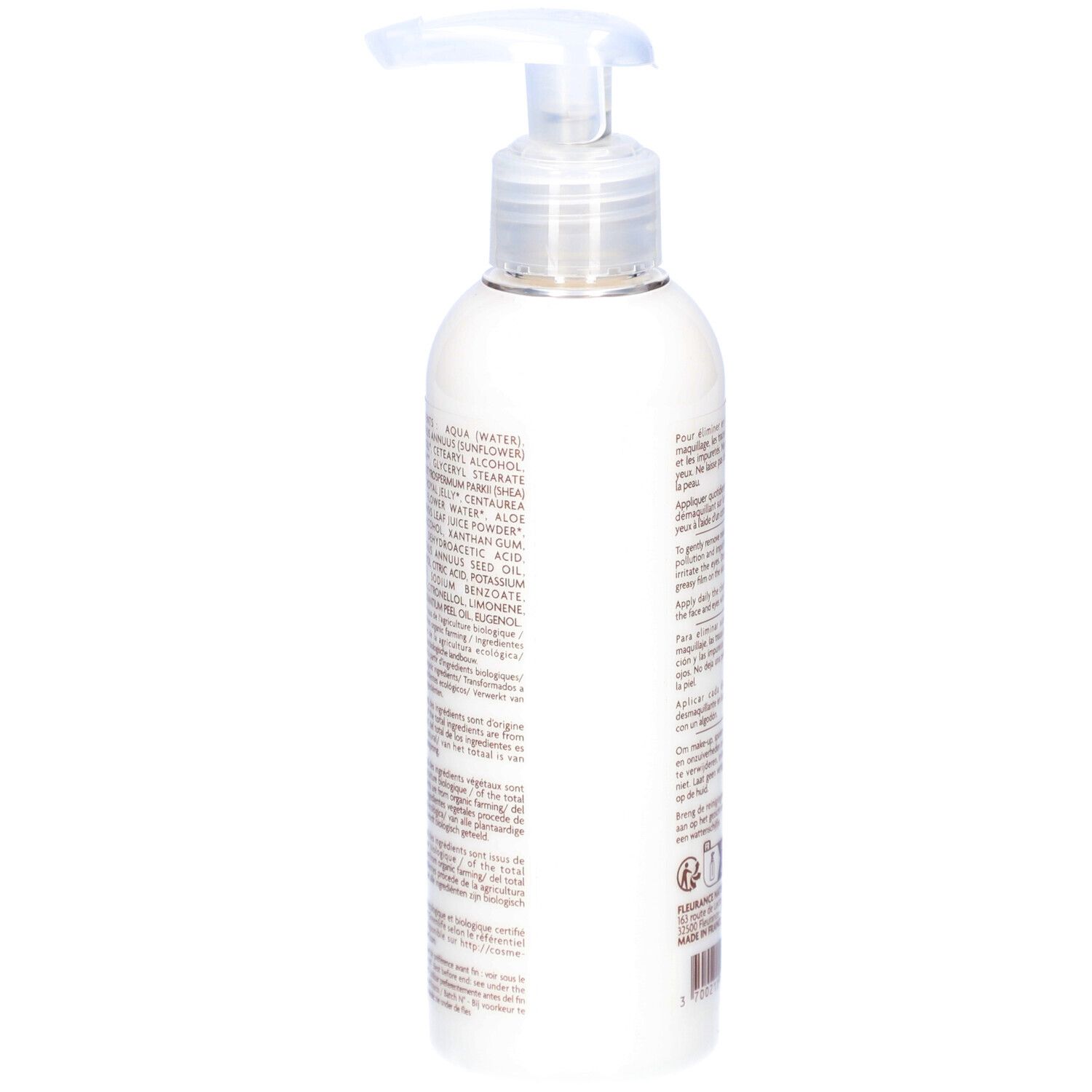 Dos du flacon avec ingrédients. Texte multilingue. Certification bio.