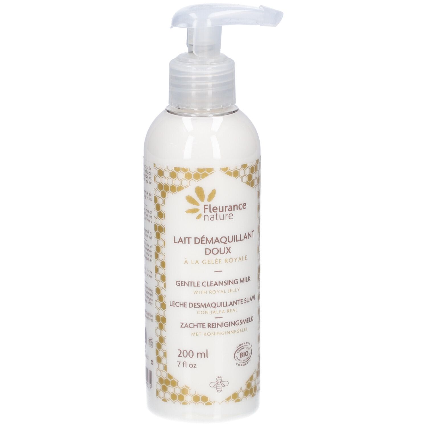 Flacon blanc avec pompe. Inscription: Lait Demaquillant Doux, 200 ml. Label bio.
