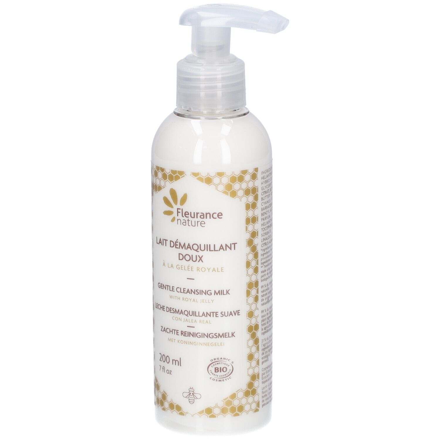 Flacon blanc avec pompe. Inscription: Lait Demaquillant Doux, 200 ml. Label bio.