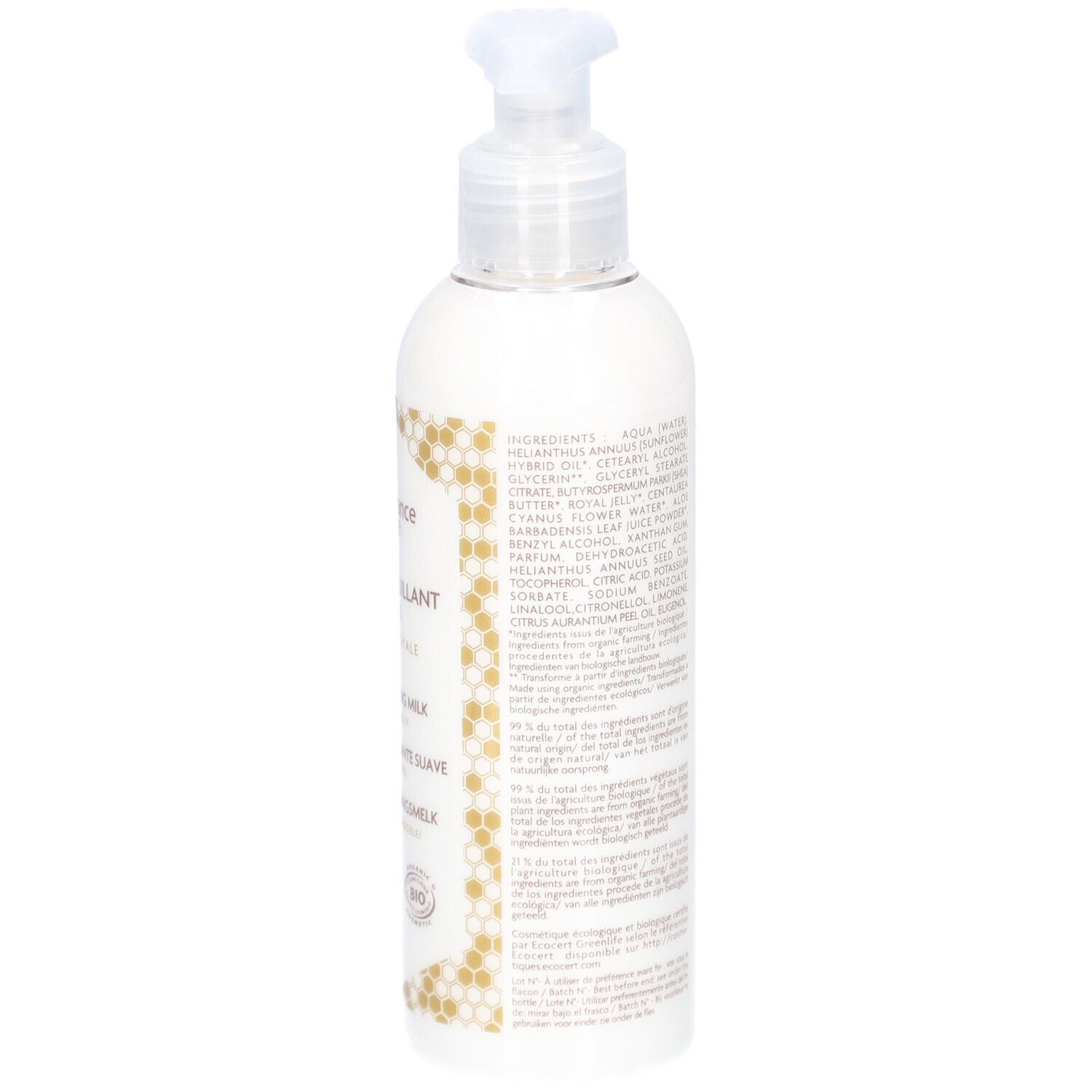 Dos du flacon avec ingrédients. Texte multilingue. Certification bio.