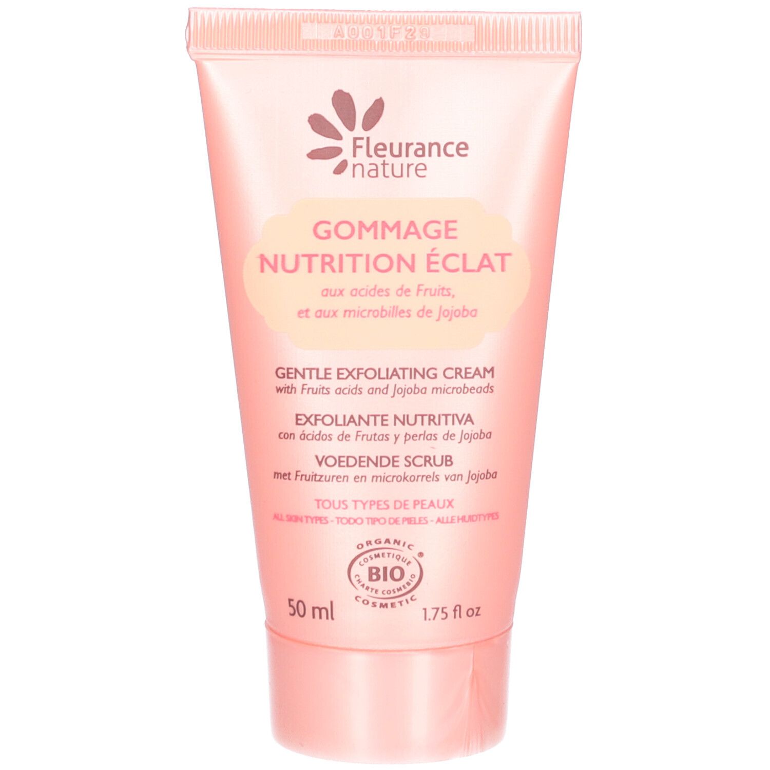 Tube rose "FLEURANCE nature". "GOMMAGE NUTRITION ÉCLAT" avec "acides de fruits". Certifié bio. 50 ml.