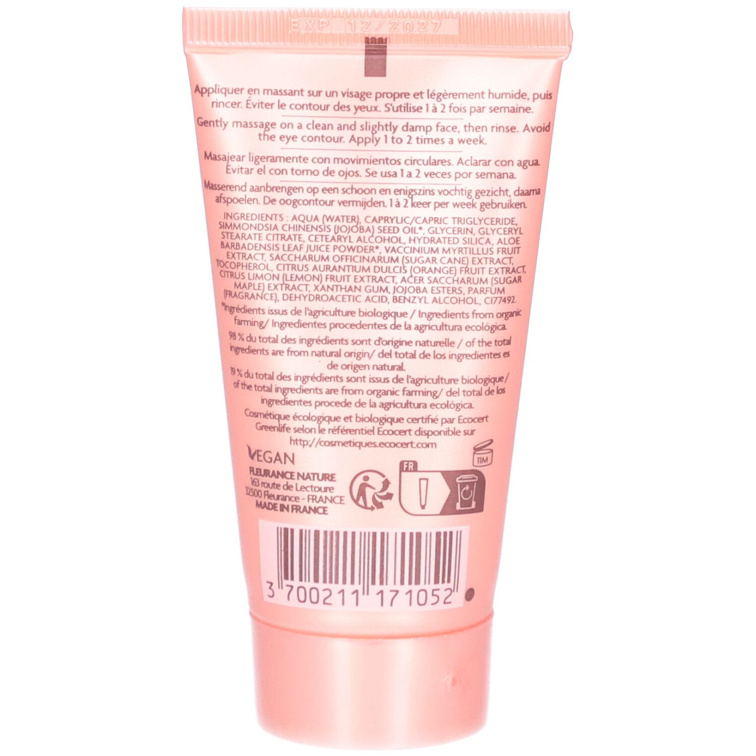 Dos du tube. Instructions d'utilisation, ingrédients, logo Vegan, certification ECOCERT. Fabriqué en France.