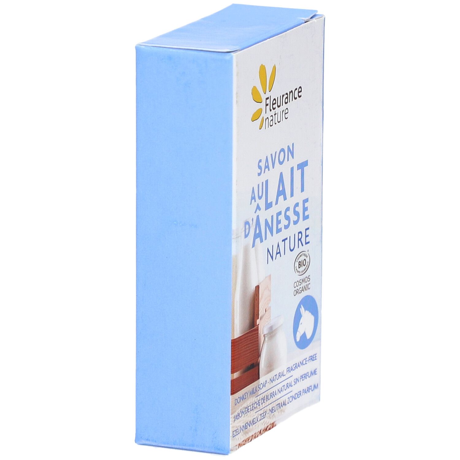 Boîte bleue, côté produit avec texte : Savon au lait d'ânesse Nature, certification Bio, ingrédients.