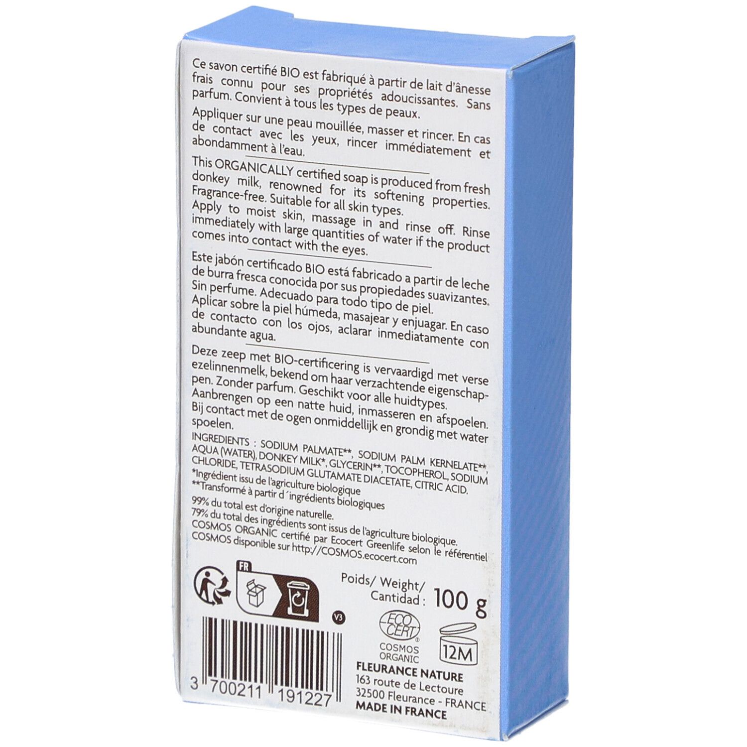 Dos de la boîte. Texte : ingrédients, certification Bio, poids 100 g, informations fabricant.