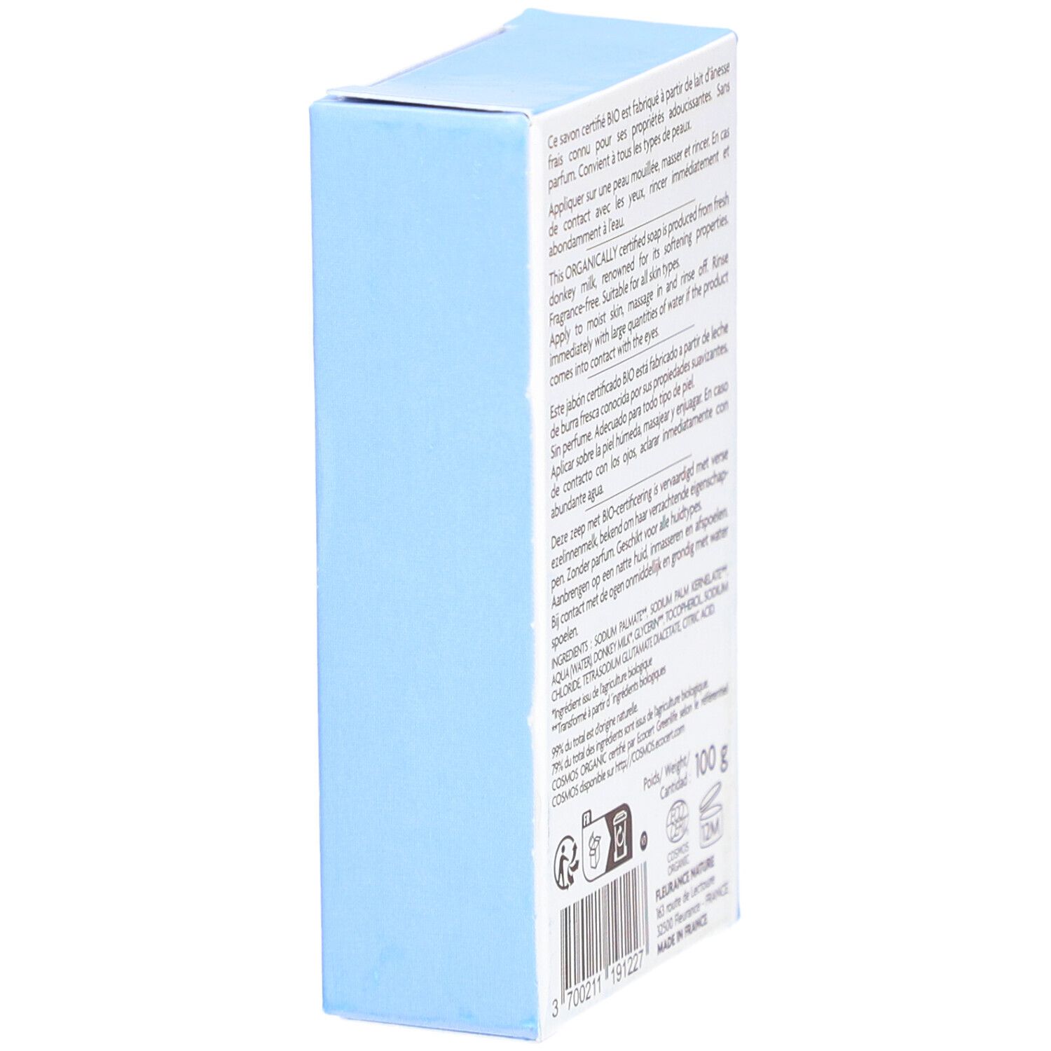 Boîte bleue, dos avec texte : ingrédients, certification Bio, poids 100 g, informations fabricant.