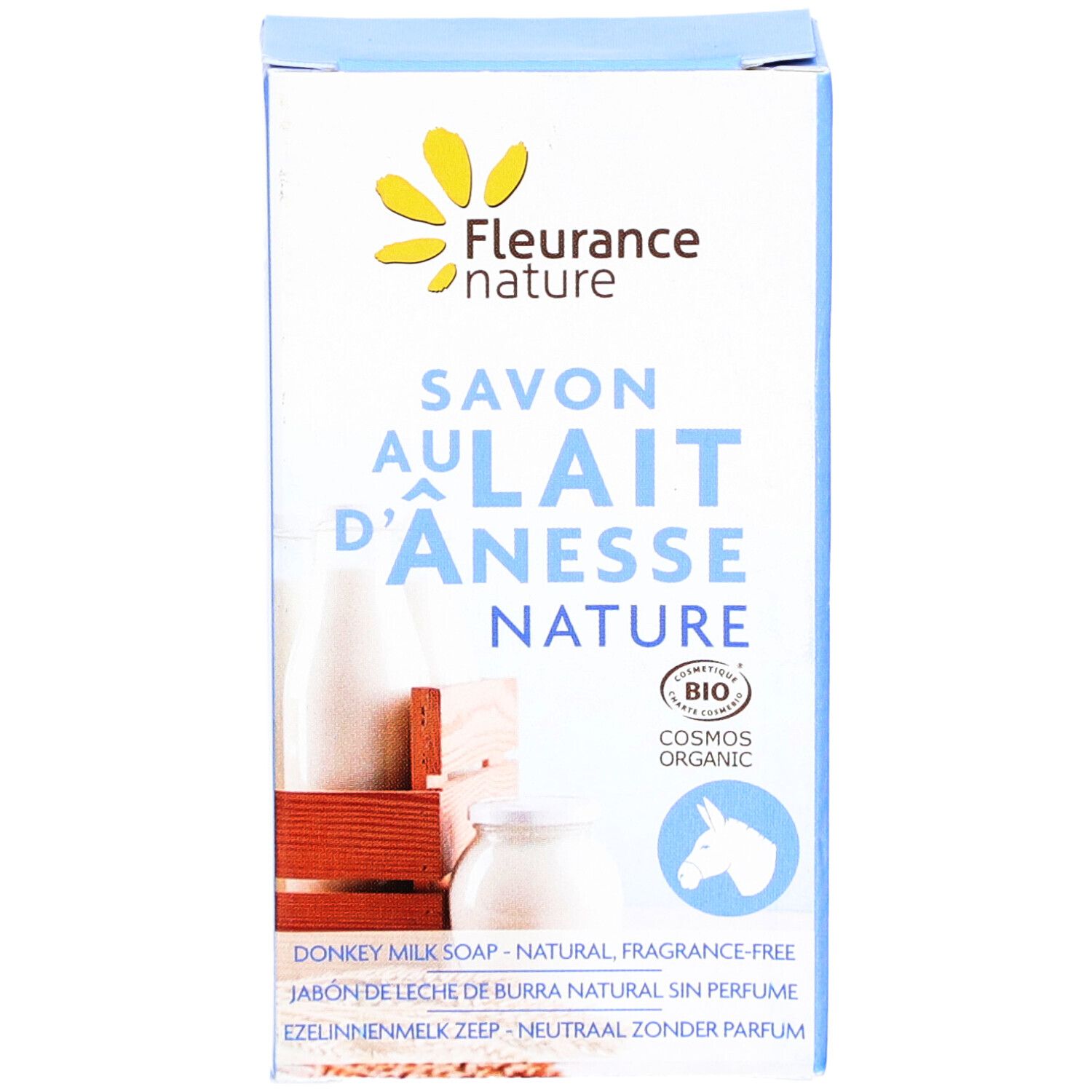 Boîte avec image du produit. Texte : Savon au lait d'ânesse Nature, certification Bio, ingrédients.