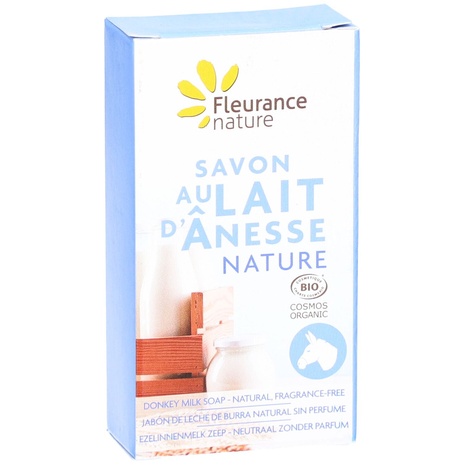 Boîte avec image du produit. Texte : Savon au lait d'ânesse Nature, certification Bio, ingrédients.