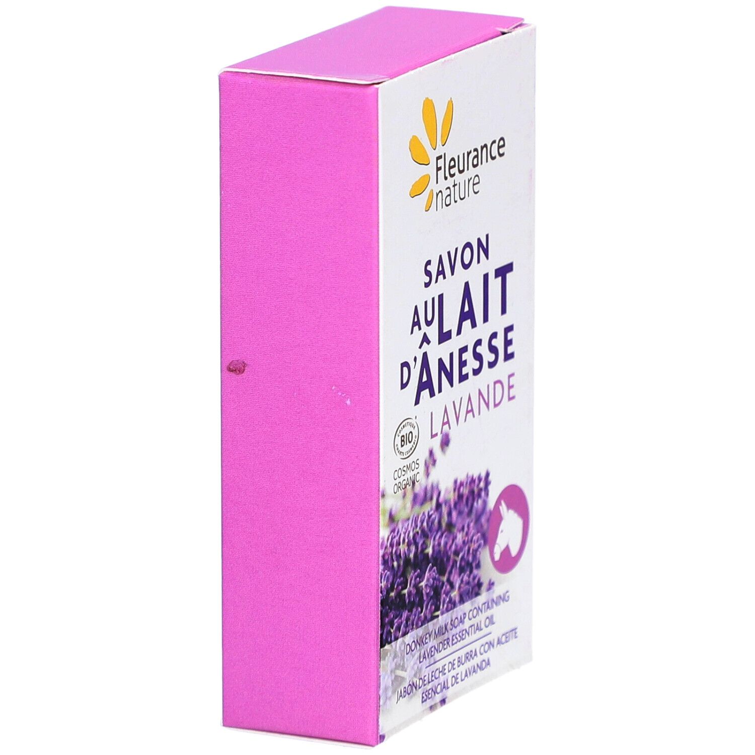 Emballage rectangulaire, vue latérale. Nom du produit et illustration de lavande visibles.