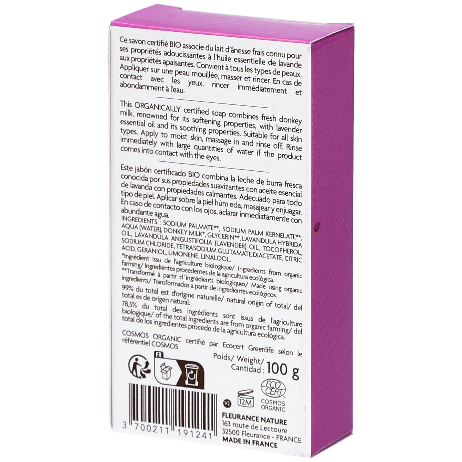 Dos de l'emballage avec texte. Certification biologique et ingrédients.