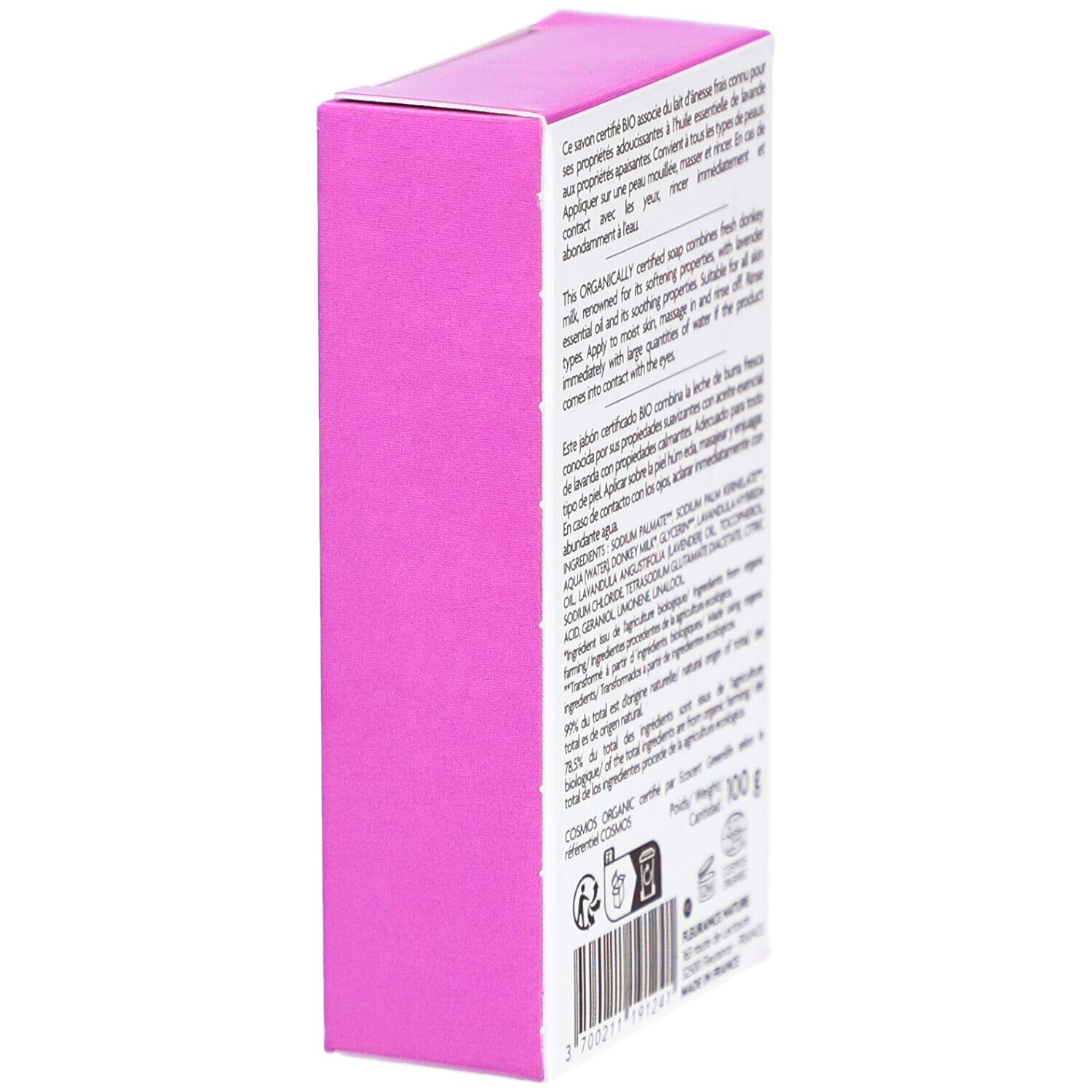 Vue latérale de l'emballage avec texte. Certification biologique et ingrédients.