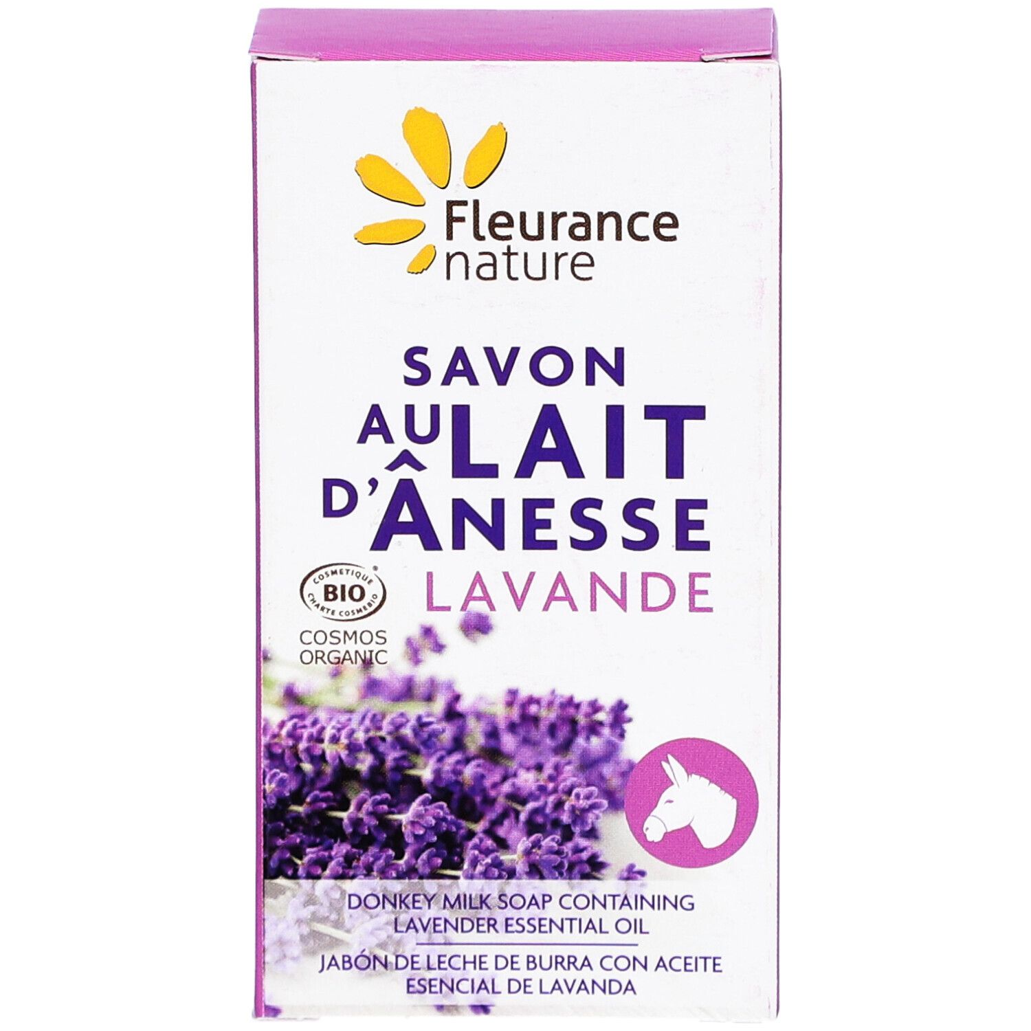 Emballage rectangulaire avec nom du produit et illustration de lavande. Certification biologique.