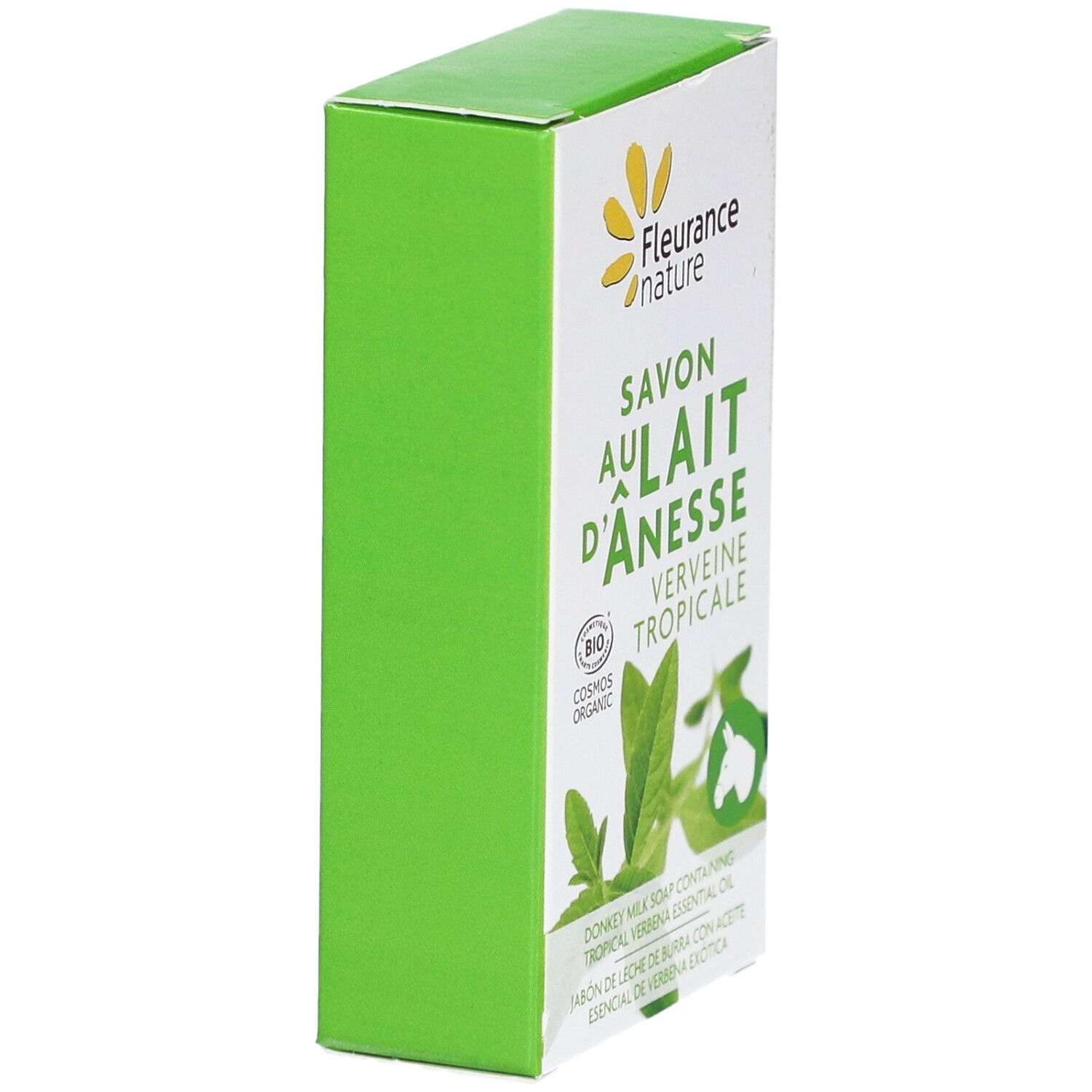 Boîte verte, vue latérale. Texte: Savon au Lait d'Ânesse, Verveine Tropicale. Certification Bio. Description du produit sur le côté.