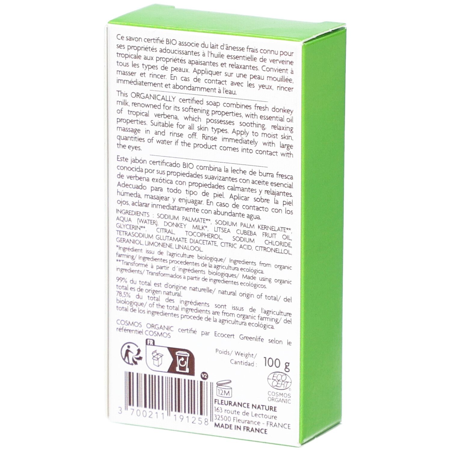 Dos de la boîte verte. Texte: description du produit, ingrédients, poids 100g, certification Bio, informations fabricant.
