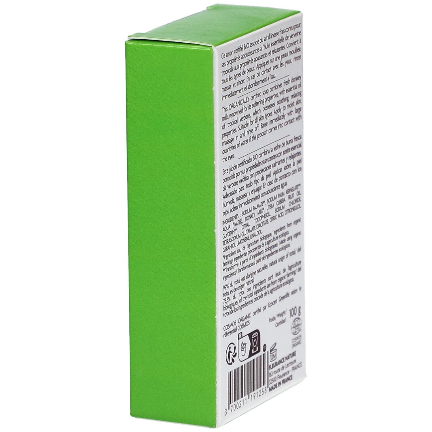 Vue latérale de la boîte verte. Texte: description du produit, ingrédients, poids 100g, certification Bio, informations fabricant.