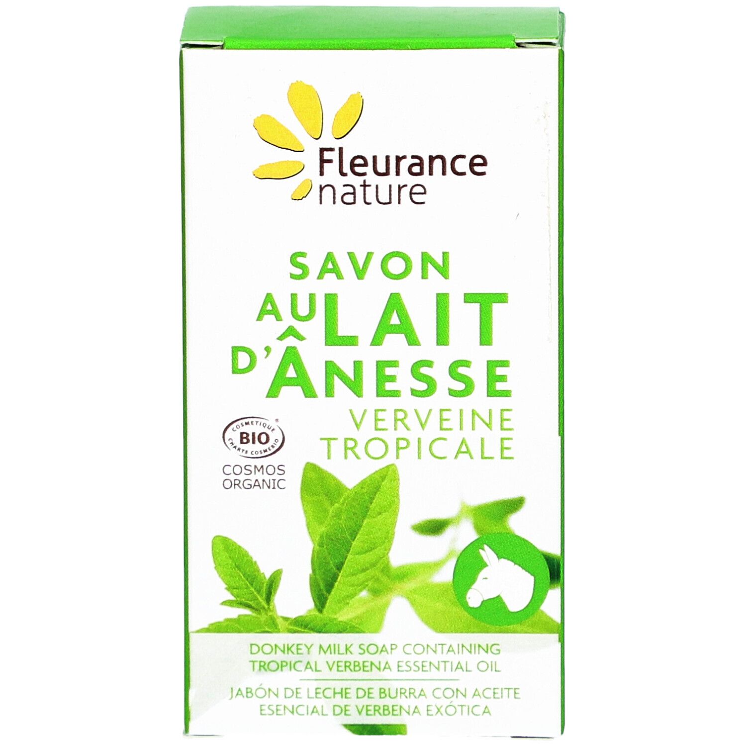 Boîte verte avec impression produit. Texte: Savon au Lait d'Ânesse, Verveine Tropicale. Certification Bio. Illustration de feuilles.