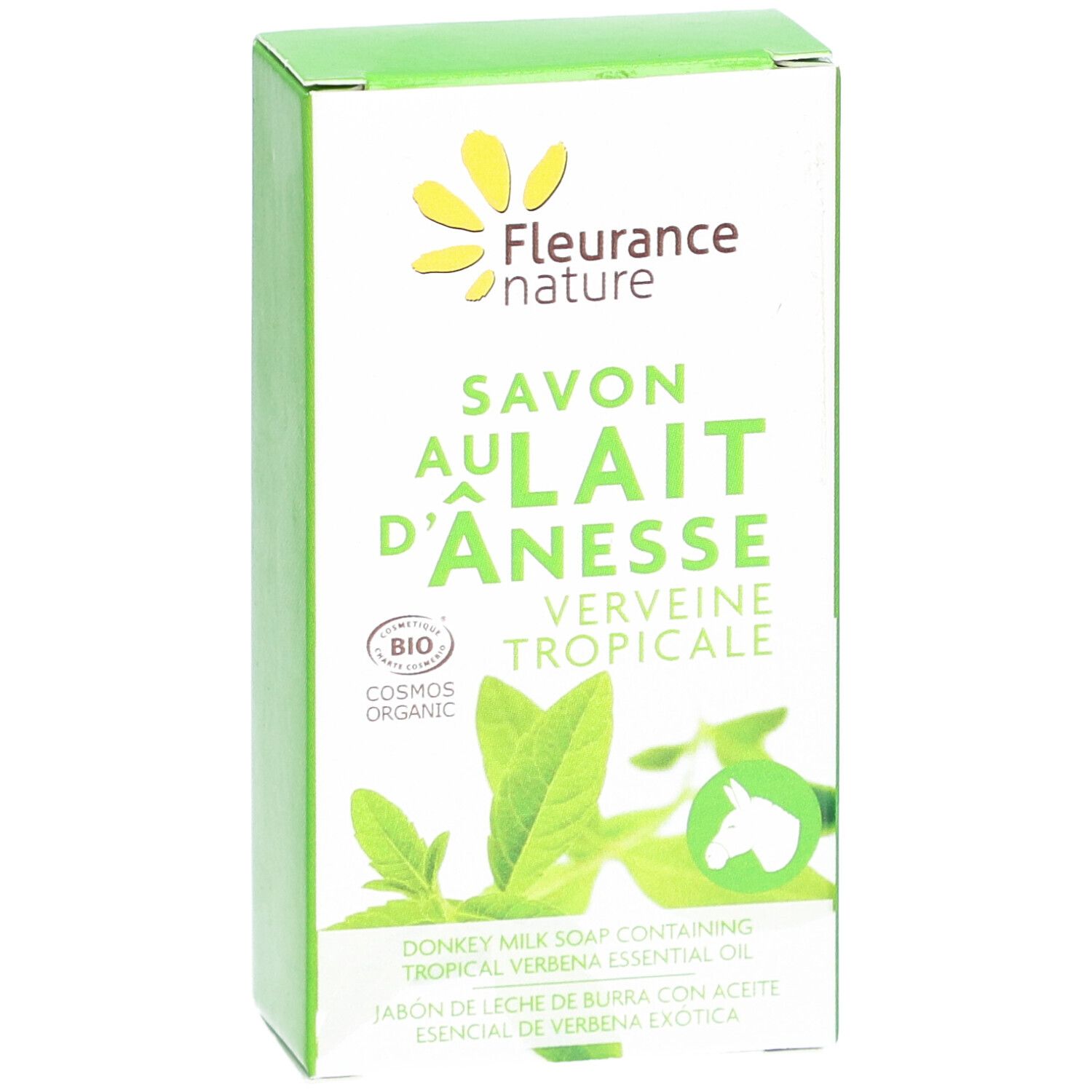 Boîte verte avec impression produit. Texte: Savon au Lait d'Ânesse, Verveine Tropicale. Certification Bio. Illustration de feuilles.