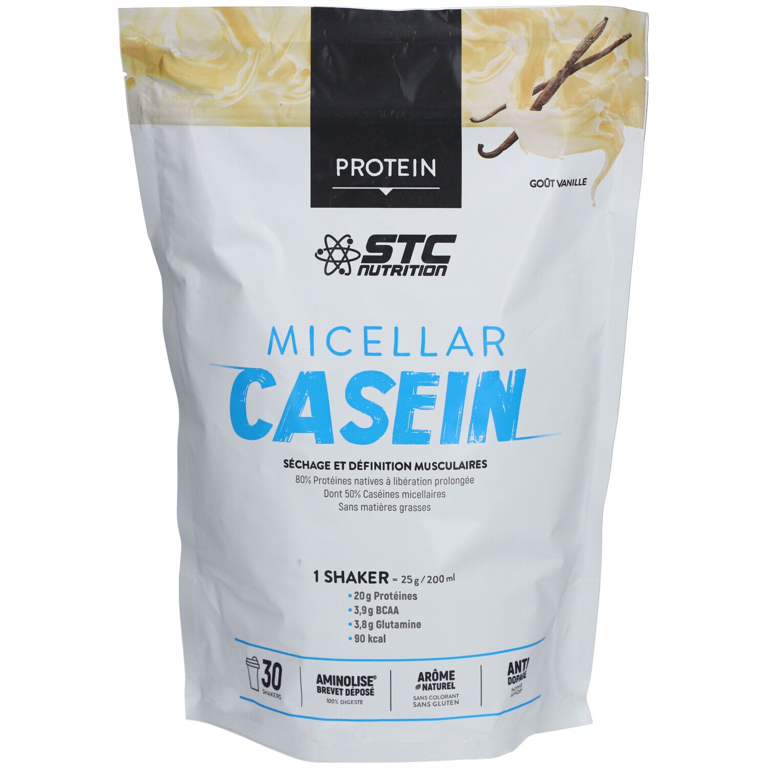 Sachet STC Nutrition Micellar Casein Vanille. Texte: Micellar Casein, 30 portions, 20g protéines, 1.5g BCAA, 3.6g glutamine, 90 kcal. Arôme vanille.