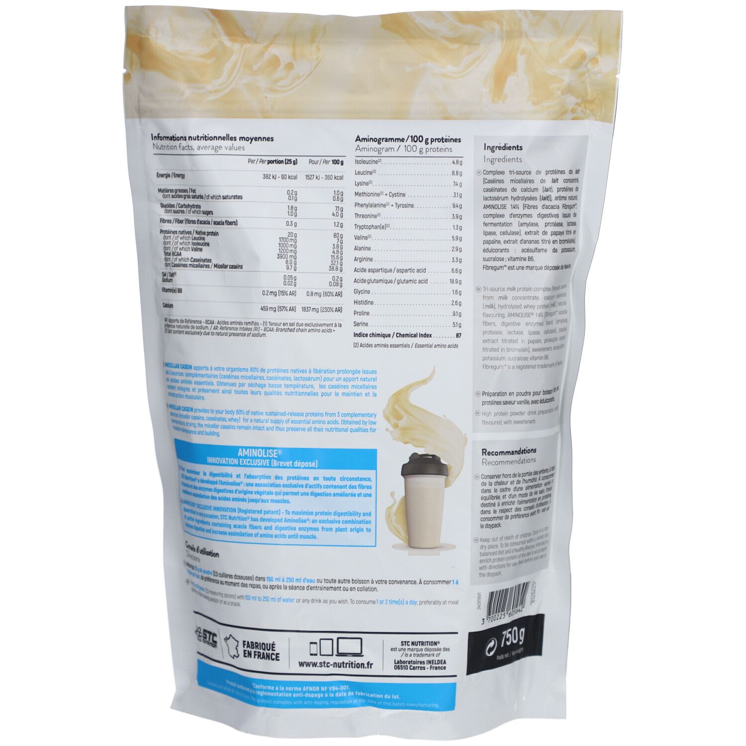 Dos du sachet STC Nutrition Micellar Casein Vanille. Informations nutritionnelles, liste des ingrédients, recommandations. Fabriqué en France. 750g.