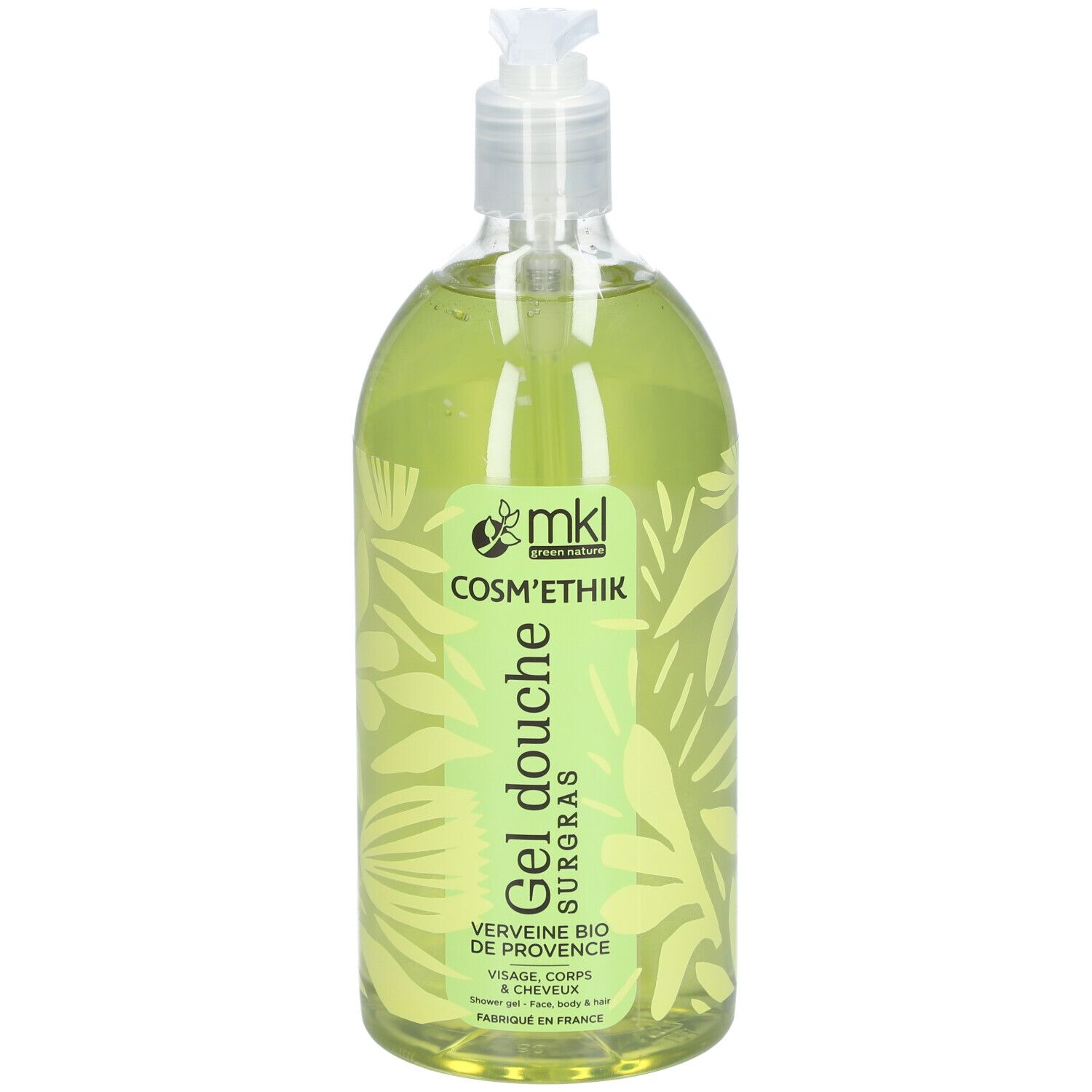 Flacon transparent de gel douche vert. Étiquette avec logo et texte. Avec pompe doseuse.