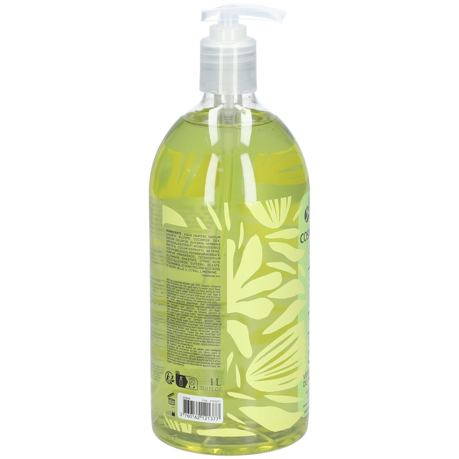 Vue arrière du flacon transparent de gel douche vert. Étiquette avec texte. Avec pompe doseuse.
